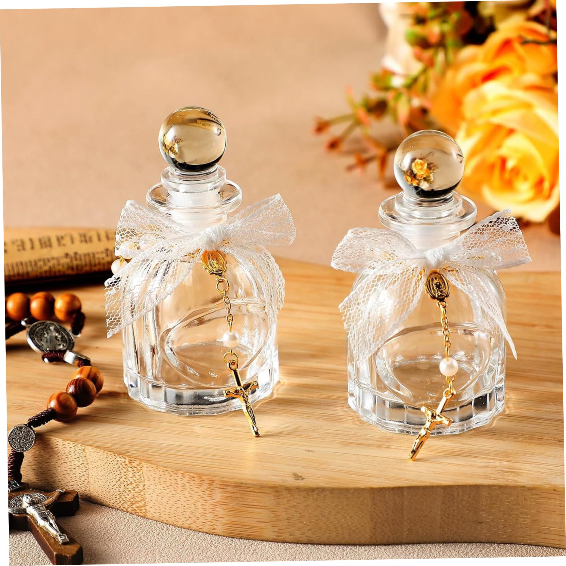 Weihwasserflaschen-Set mit 12 Stück – elegante Glasflaschen mit Kreuzarmband und Spitzenschleife für Taufgeschenke, Kommunion, kirchliche Hochzeit