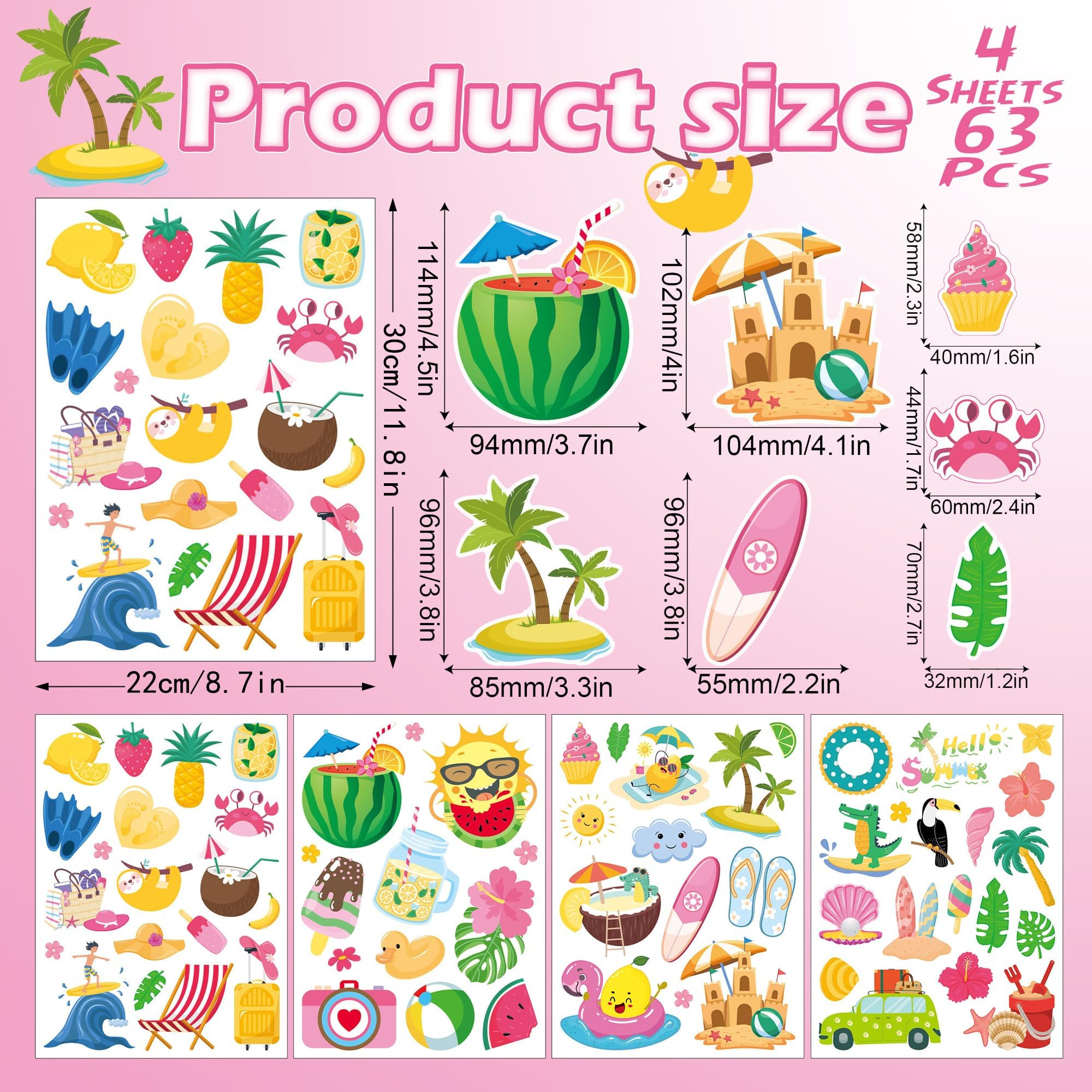 4 Feuilles Autocollants De Fenêtre D'Été, 63 Design Decoration Stickers Fenêtre Réutilisables, Deco Vitre Été Contient Soleil, Chaises De Plage, Bouées