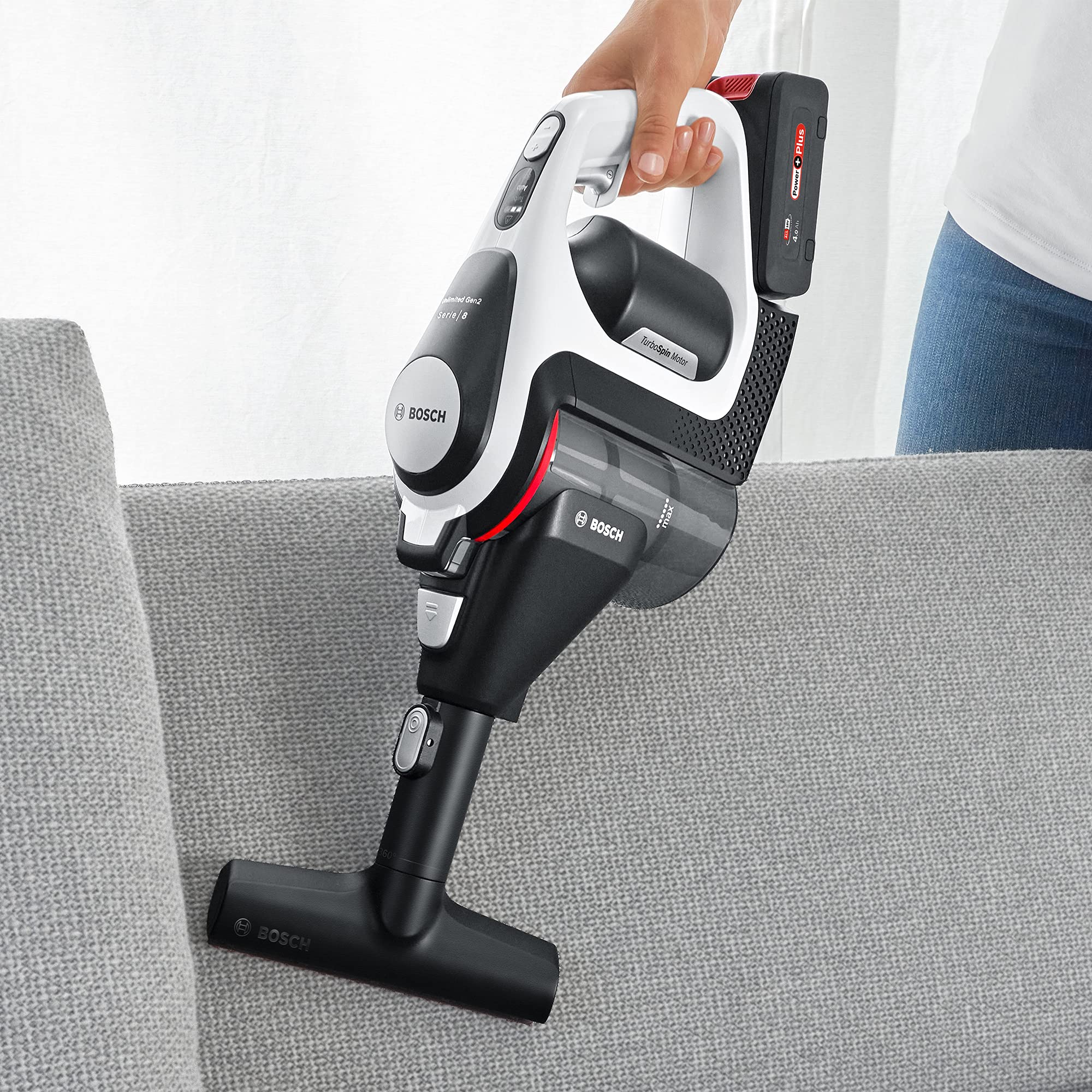 Bosch Electroménager Unlimited 8, BBS8214, aspirateur Balai Rechargeable sans Fil, autonomie de 65 Min, 1 Batterie Interchangeable Power for All 18V, Chargeur Rapide, Blanc