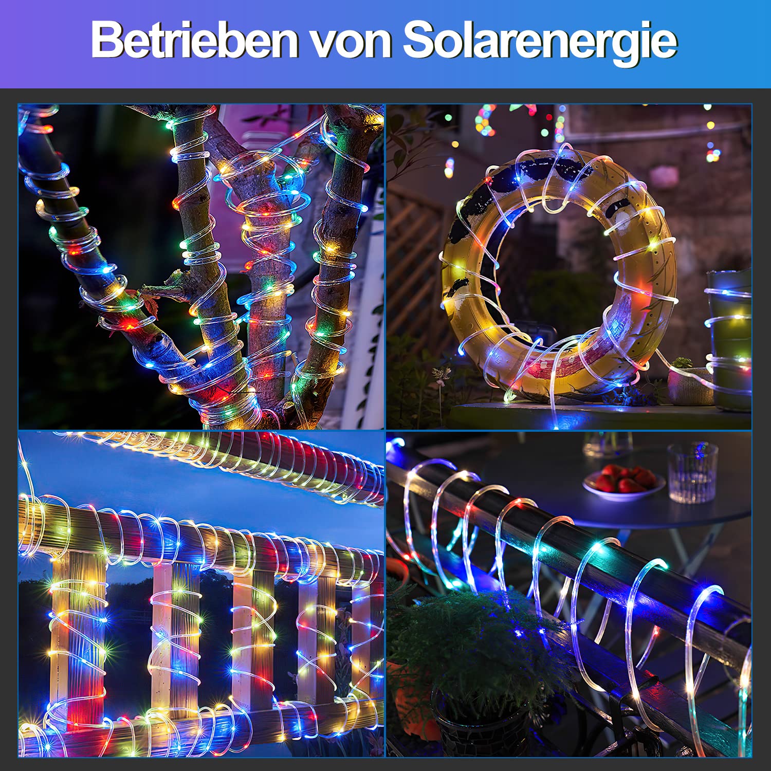 Herrselsam Solarny wąż świetlny LED, 30 m, 300 diod LED, łańcuch świetlny na zewnątrz, wodoszczelność IP65, kolorowy, 8 trybów pracy, łańcuch świetlny do ogrodu, na imprezę