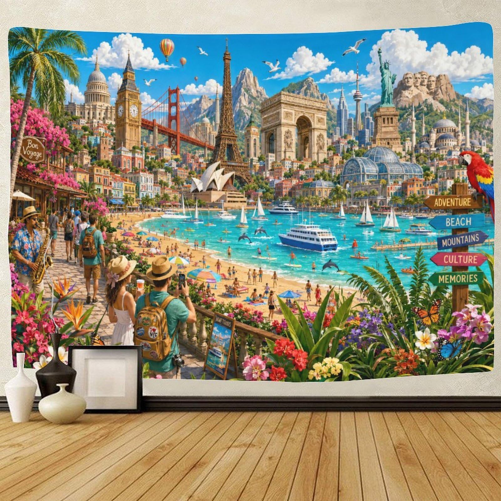 GPMNBCXZK World Famous Landmarks Collage Wall Hanging Decor 3D Print Tapestry for Bedroom Tapestries Home Decoration Curtain Living Room Dorm 150cmx200cm