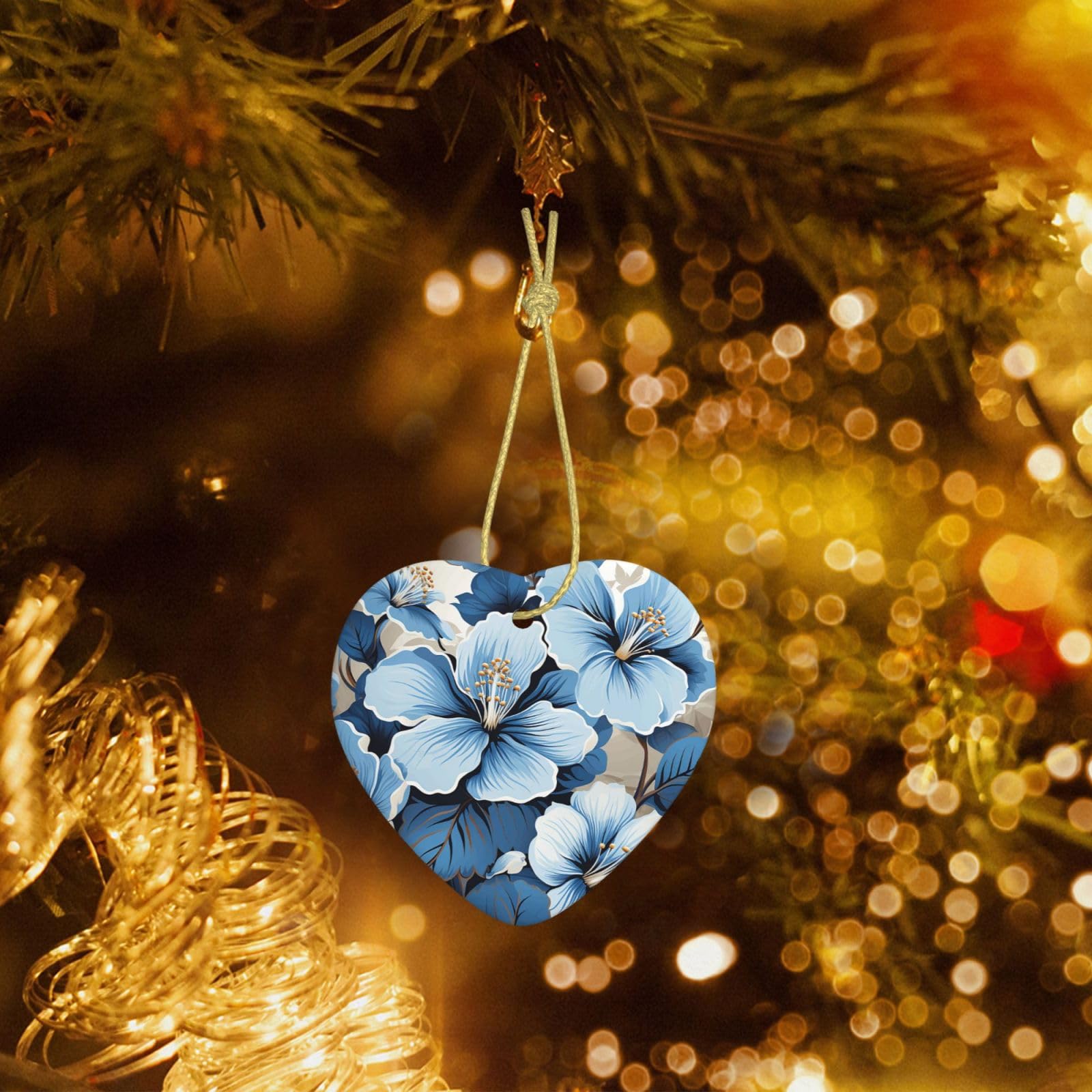 Christmas Heart Shaped Ornaments 1 Pcs, Double-Side Ceramic Xmas Tree Hanging Ornament with Gold String Blue Hibiscus Flower Personalized Porcelain 2025 Christmas Pendent