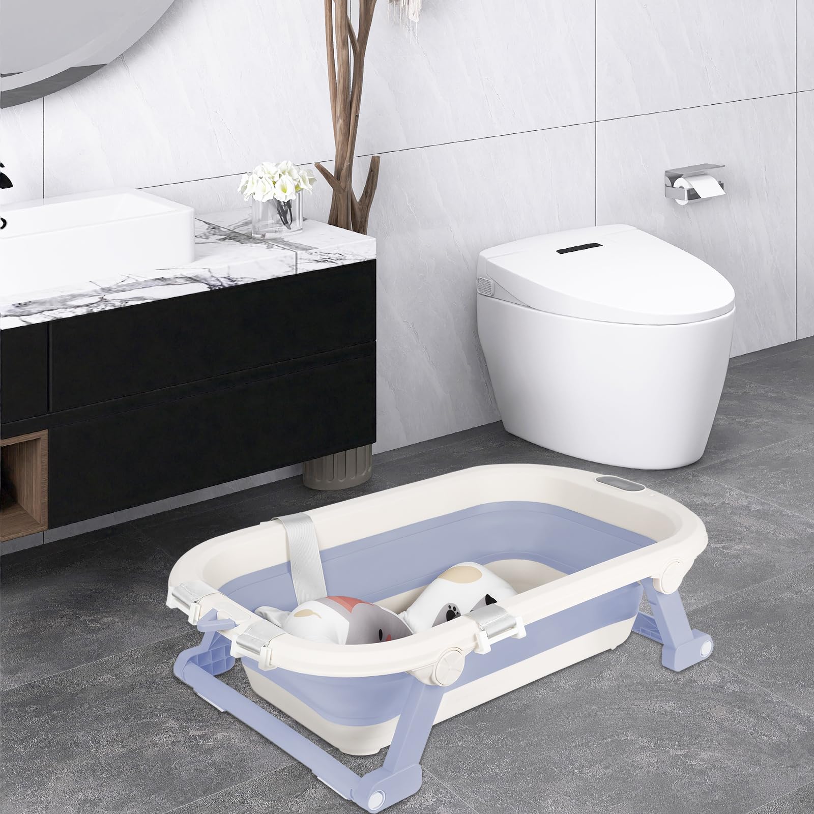 Bañera plegable para bebé con cojín antideslizante, termómetro incorporado, diseño portátil para el hogar y los viajes, XXL Benoire para bebé de baño, fácil de limpiar (azul, 80 x 50 x 22 cm)