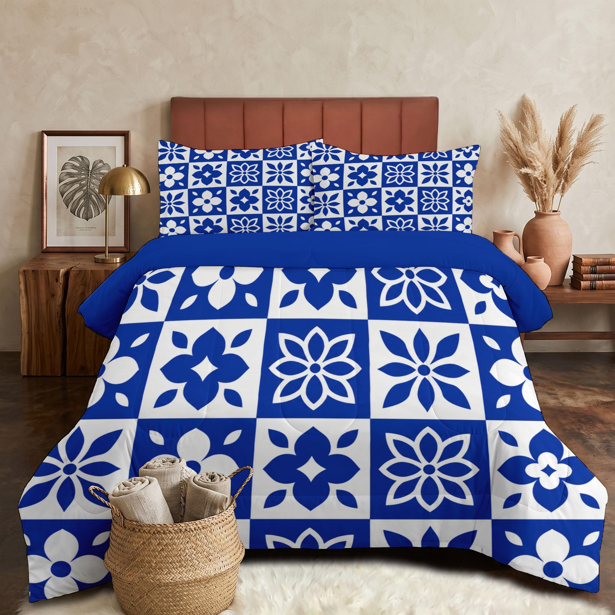 Piumone 2-In-1 Letto Matrimoniale 200X200 Cm Piastrelle Floreali Marocchine | Trapunta E Piumino Reversibile 4 Stagioni, Griglia Geometrica Per Piante, Copriletto Lavabile Morbido Leggero, Blu Navy