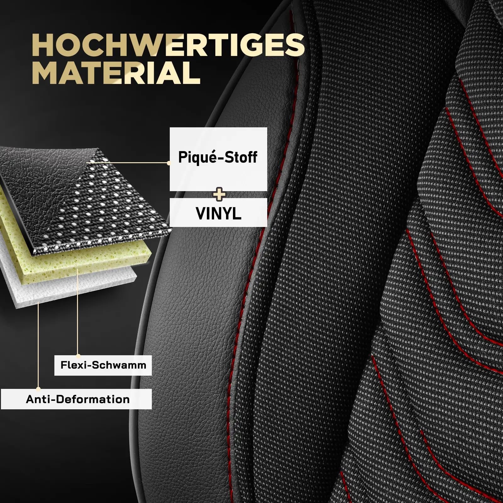 Autositzbezüge 2+1 für Renault Trafic 3, Opel Vivaro B 2014-2018, FIAT Talento 2016-2020 - Piqué-Stoff/Schwarz-Rot - Vordersitz-Set (rechter Beifahrersitz geteilt)