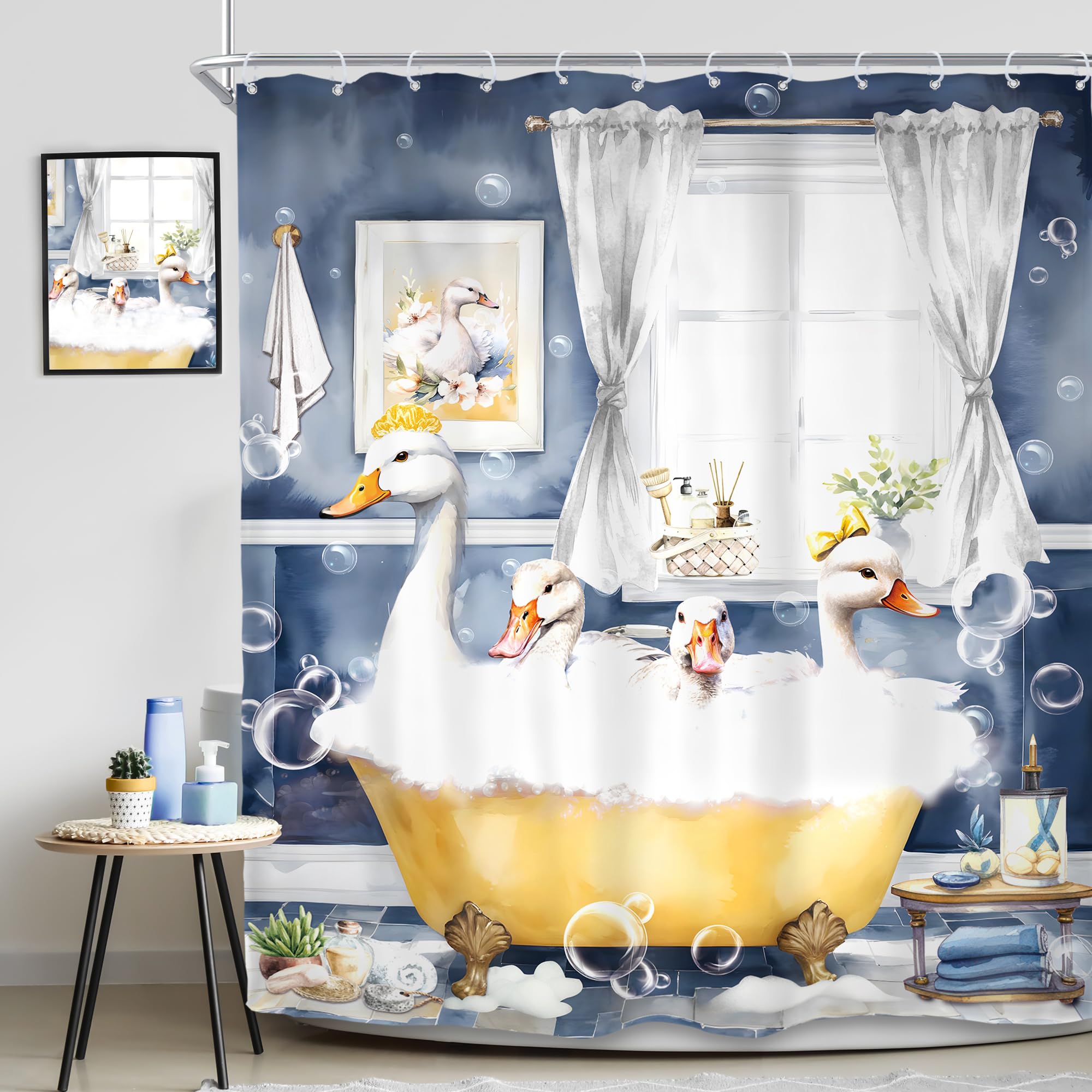 SVBright Funny Kids Shower Curtain 60Wx72L Inch Cute Duck Farmhouse Animal in Bathtub Blue Cartoon Lovely Modern Hilarious 12 Pack Hooks Polyester Waterproof Fabric Bathroom Bathtub Panels