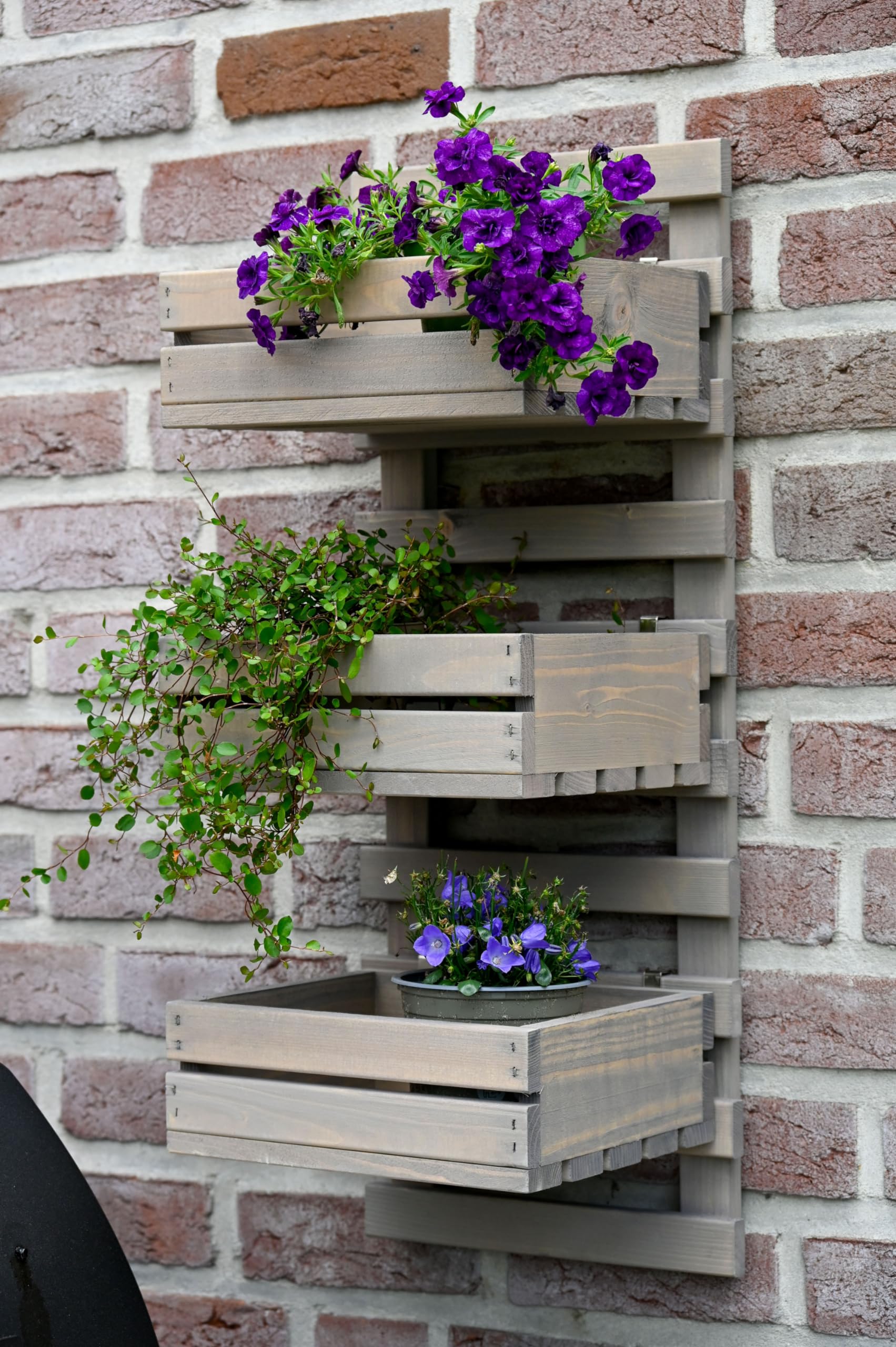 dobar® green label 58387FSCe | 3-stufige Blumenleiter für die Wandmontage | Flexibles Wandregal aus robustem Holz| Pflanztreppe für Garten/Terrasse/Balkon | 29,5 x 26,5 x 74,5 cm | Grau
