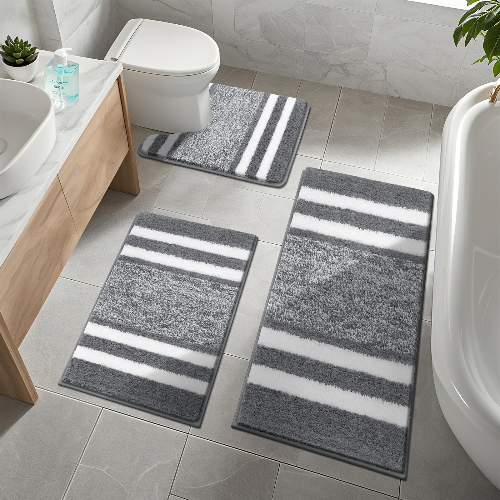 Pauwer, set di 3 tappetini da bagno antiscivolo e tappetino per wc, super assorbente, tappeti da bagno in microfibra morbida e peluche, lavabili in lavatrice, tappeti da doccia per il pavimento del