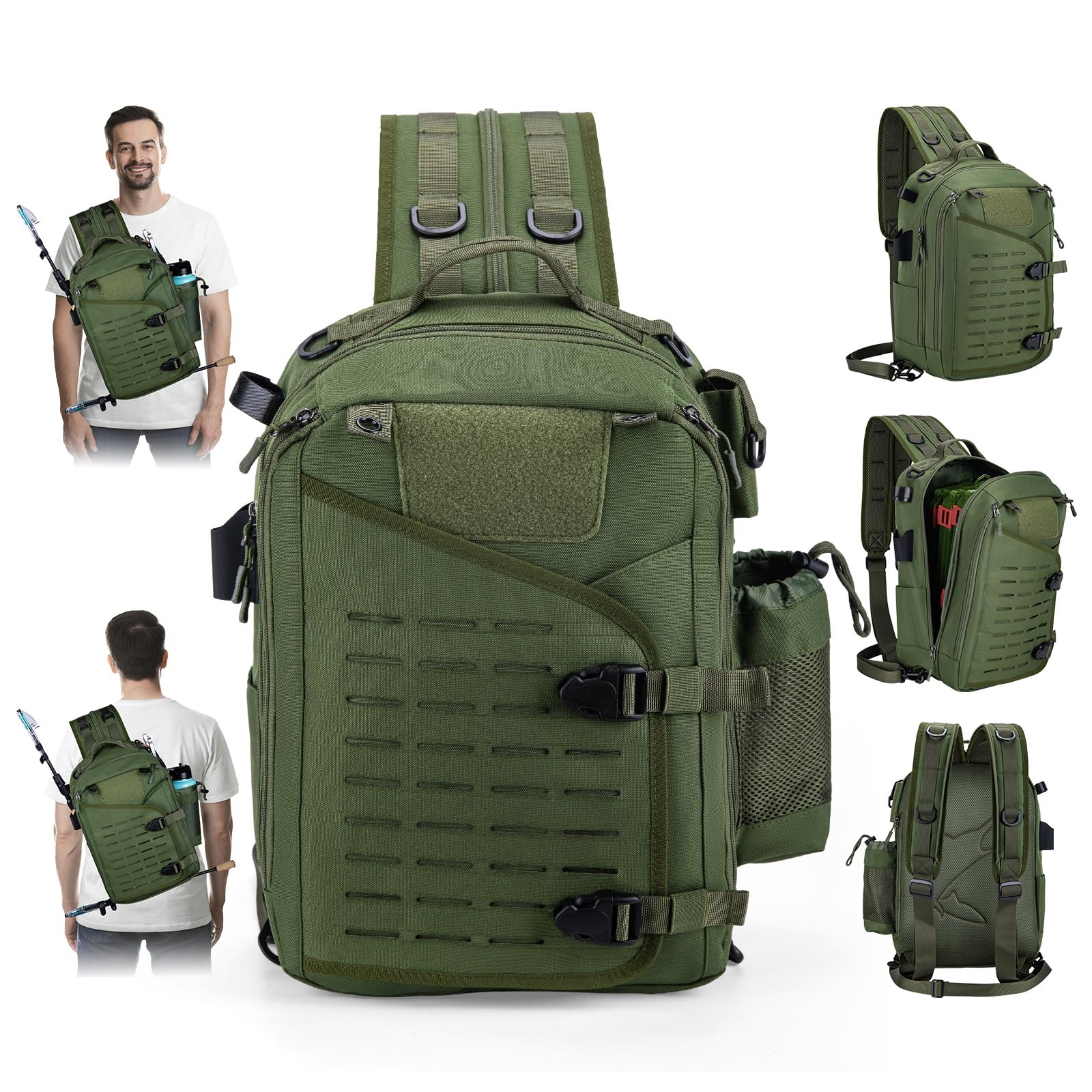 Goture Angelrucksack 20L Großer Angel-Sling-Tasche aus 900D Oxford, Wasserabweisende Angeltasche mit SBS-Reißverschluss, MOLLE-System & Rutenhalter für 3700/3600 Tackle Boxen, Raubfischangeln