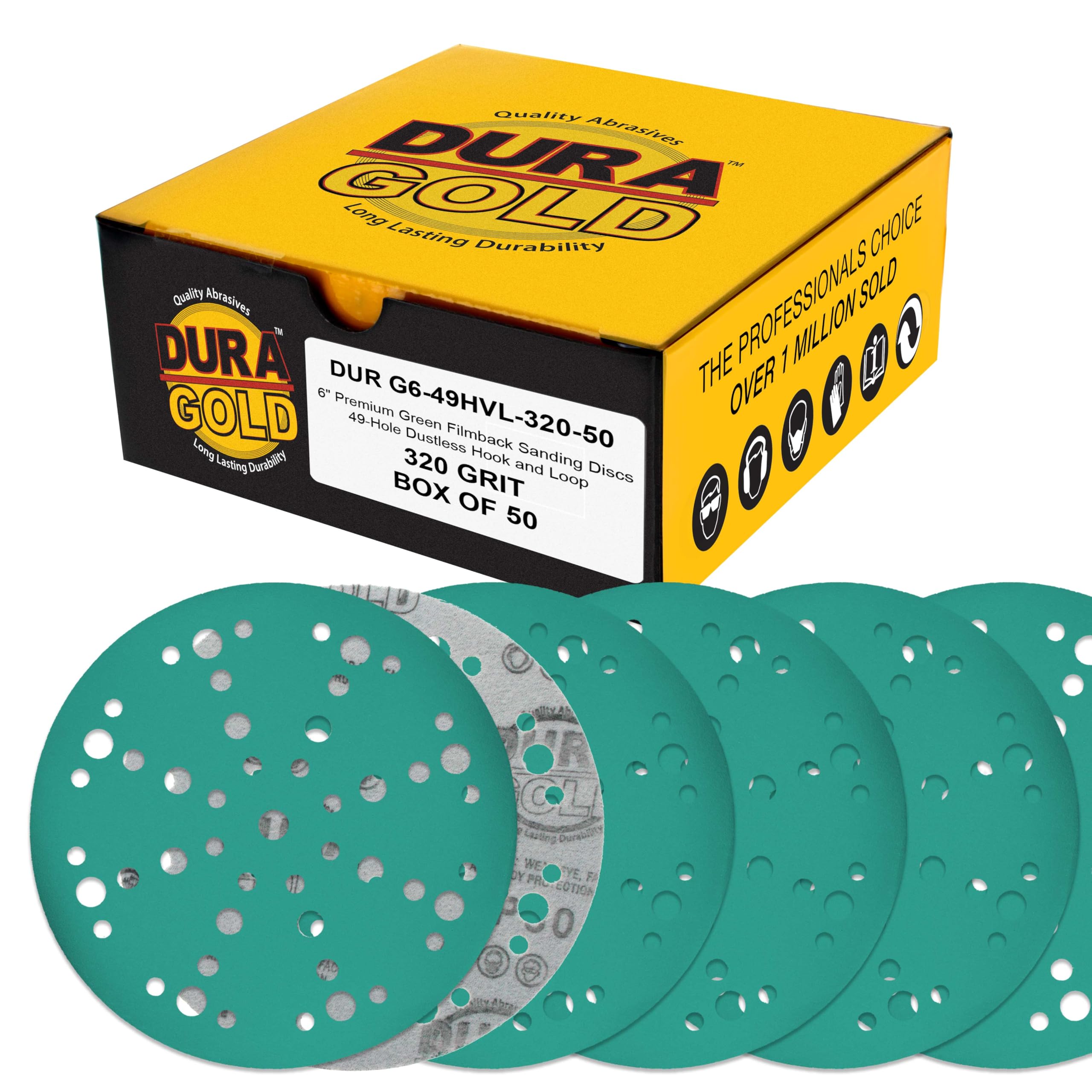 Dura-Gold Discos de lijado de película verde de grano 320 de 6 pulgadas, patrón de 49 agujeros, caja de 50 – Papel de lija resistente sin polvo para lijadoras orbitales DA y aleatorias, pintura de