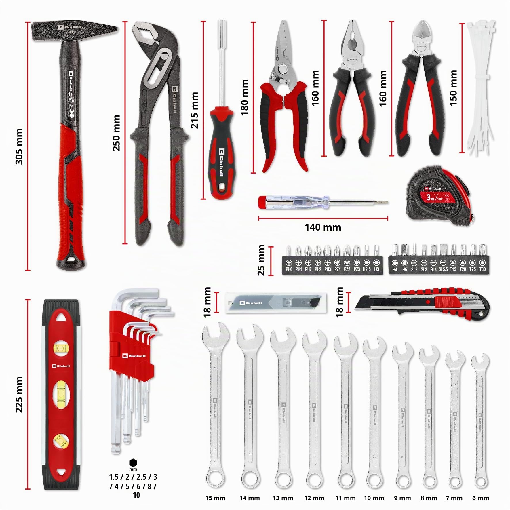 Einhell E-Case 79 pezzi valigetta portautensili Trasloco | Martello meccanico | pinze | accessori inserti | cutter | metro nastro | livella | chiavi combinate | valigetta sistema