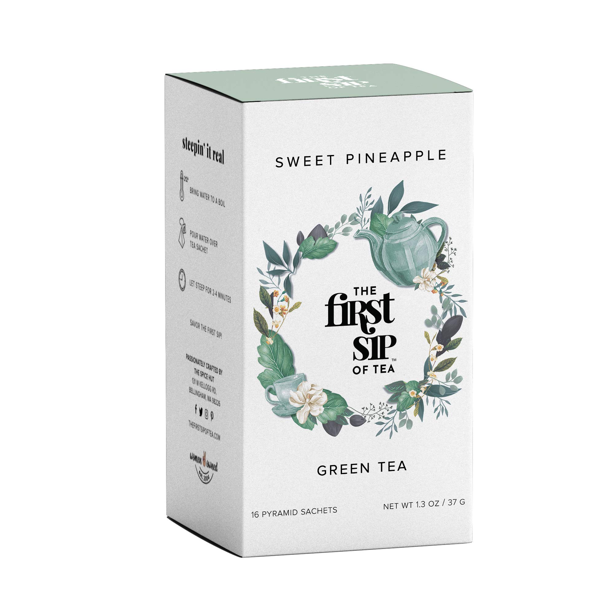 The Spice Hut Sweet Pineapple Green Tea Box, 16 Tea Bags, First Sip Of Tea