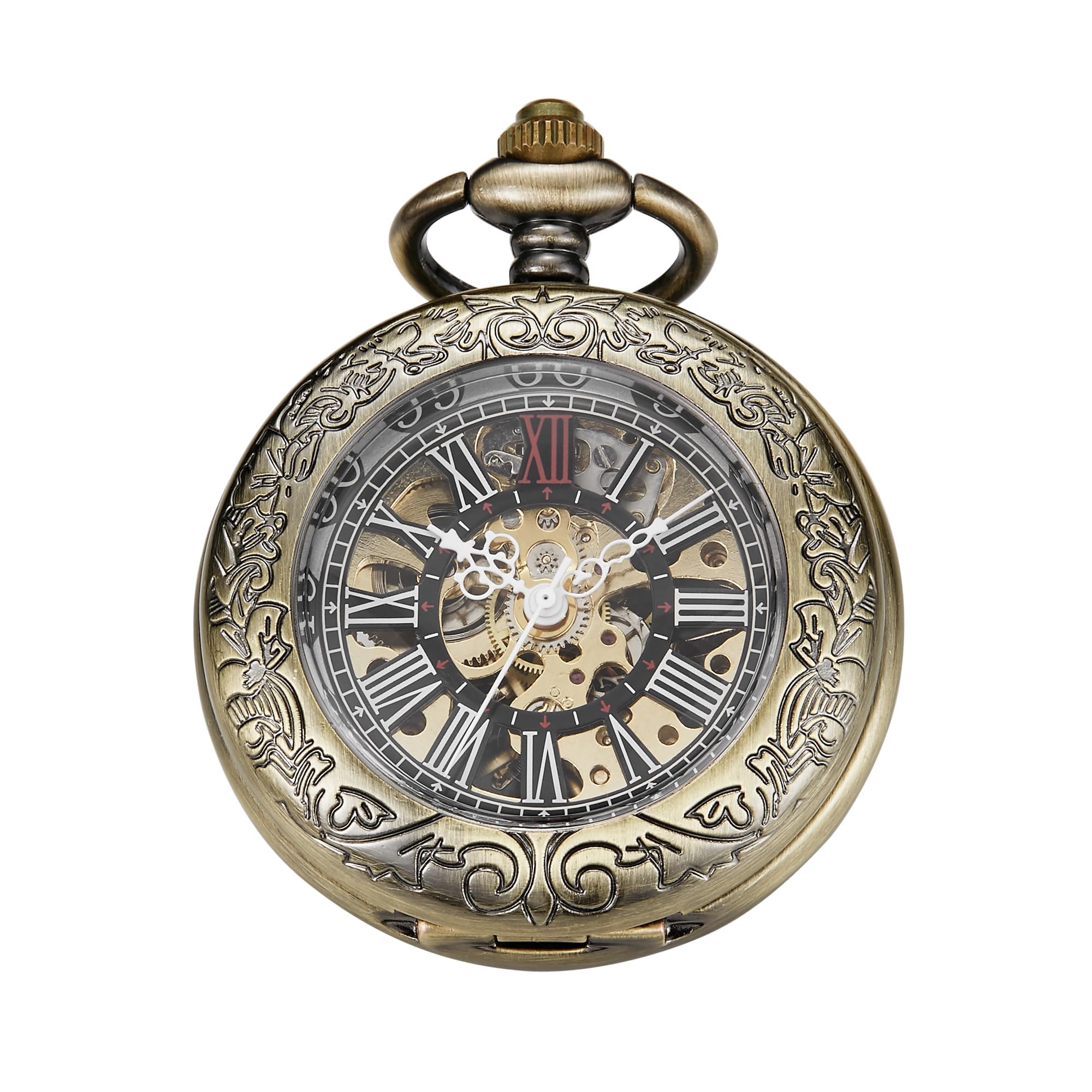 Tiong Orologio da tasca meccanico in bronzo con copertura trasparente, movimento meccanico da uomo, quadrante con numeri arabi, orologio da tasca con apertura singola