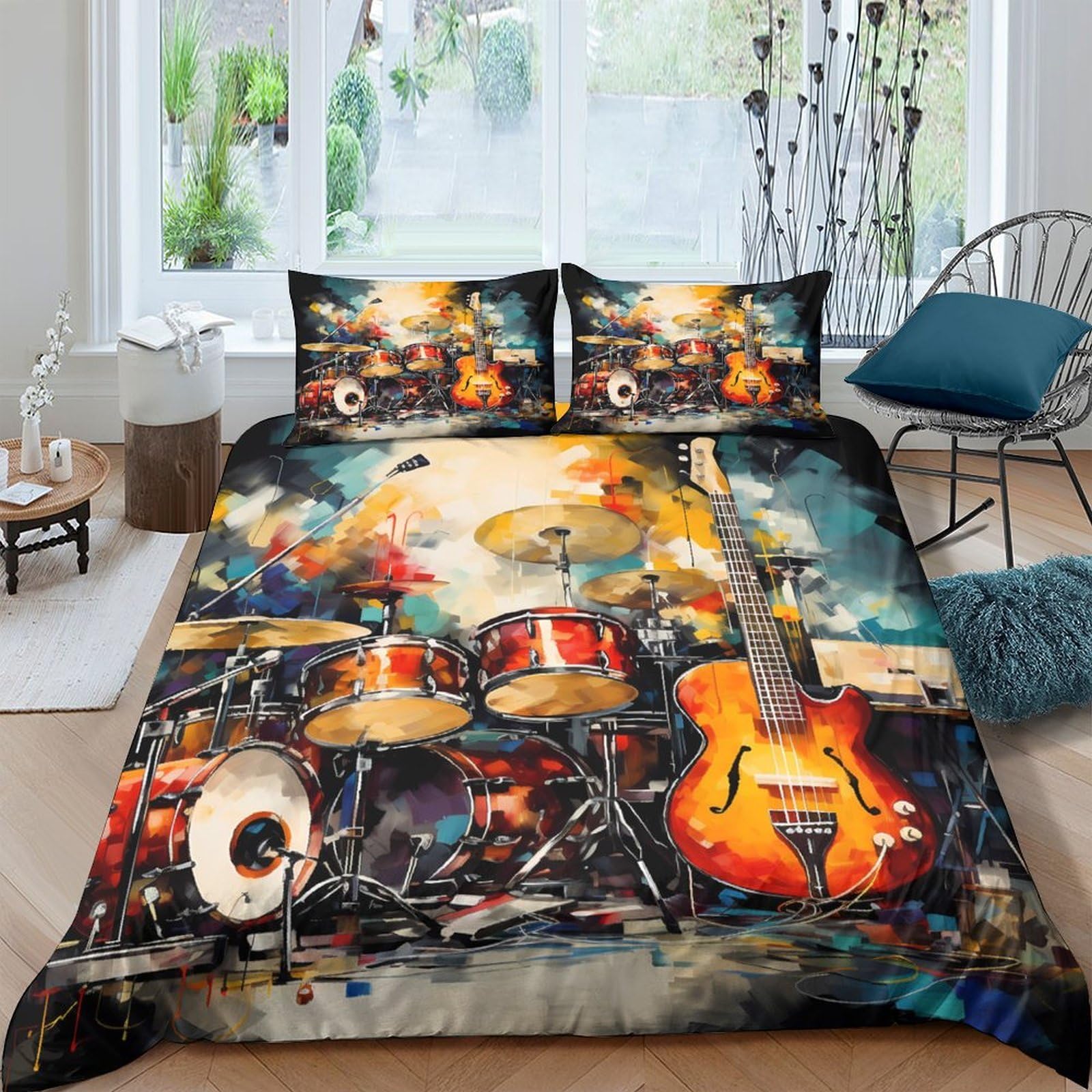 GPLZQXKJNH 3D Printed Drum Guitar Duvet Cover Set Microfiber Soft Breathable Music Instrument Bedding Set with 2 Pillowcases for Bedroom Decor Single（135x200cm）