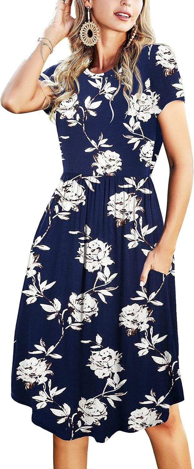 Womens Summer Pocket Knee Length Teacher Casual Dress Spring Modest Knit Fit Flare Short Sleeve Midi Work Travel Outfits