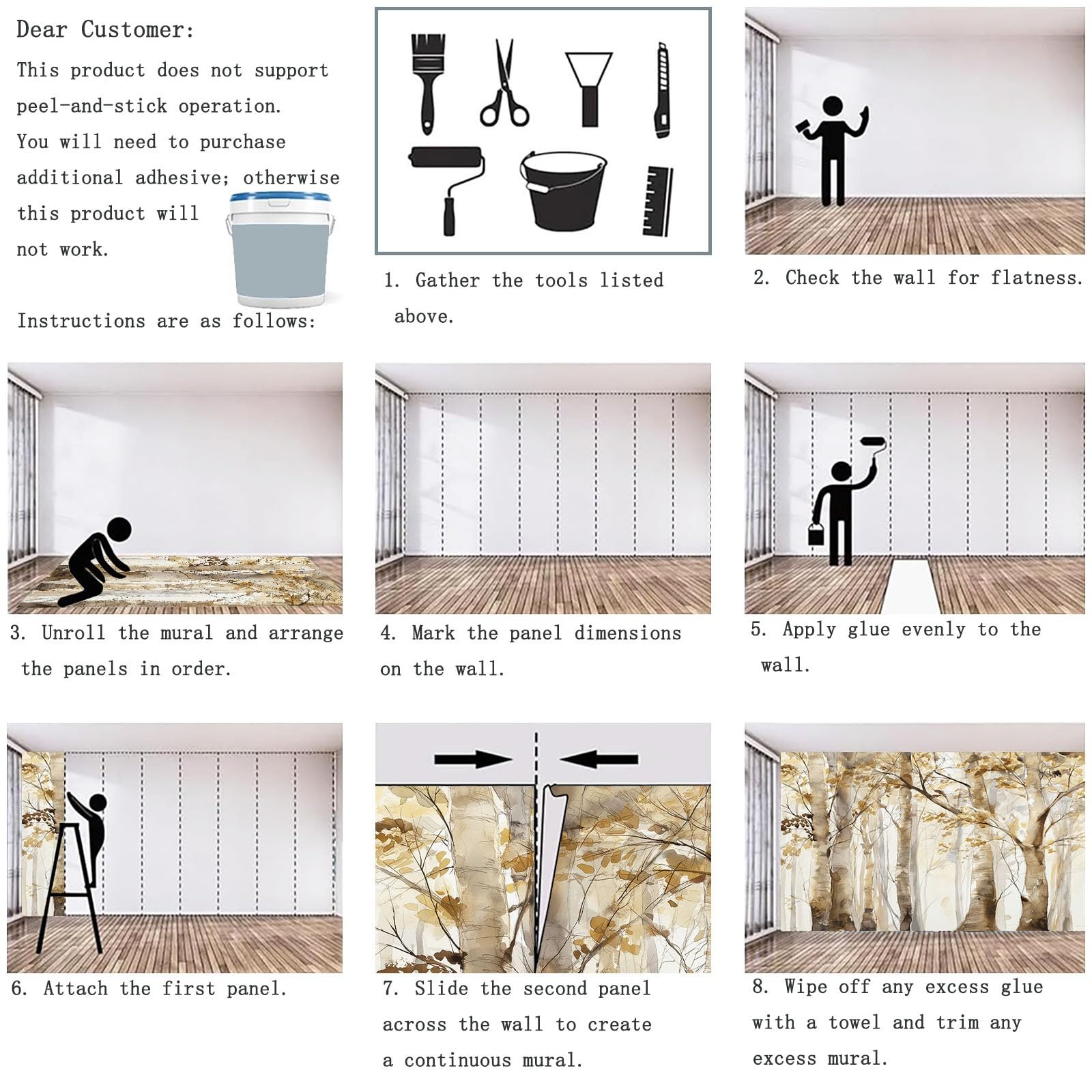 Carta da Parati Non Tessuta 300 x 210 cm（WxH, Bosco Di Betulle Acquerello Stampa Carta da Parati per Decorazione Murale - Beige Mural per Pareti Della Camera da Letto Soggiorno