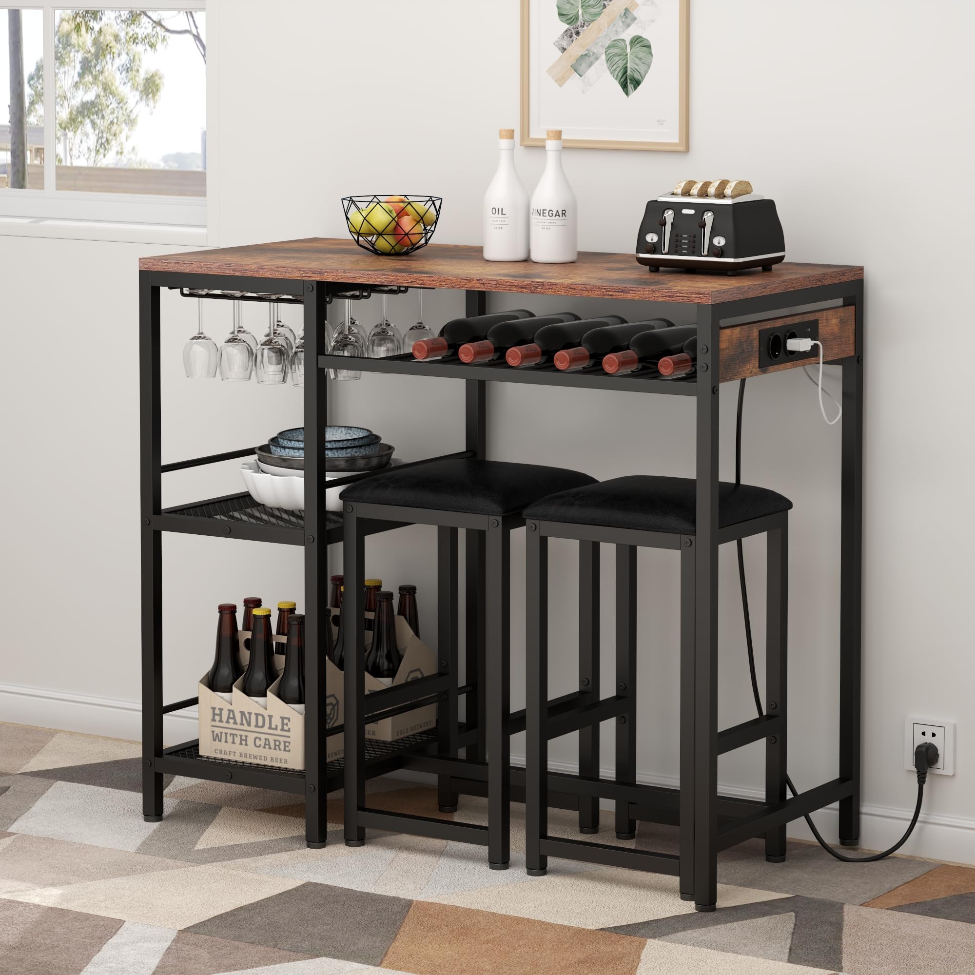 Gyfimoie Bartisch mit Barhocker Set, Stehtisch mit 2 Barhockern und Ladestation, Esstisch Set mit 2 Seitenregalen, Stahlgestell, Industrie-Design, Küchentisch für Esszimmer, Küche, Wohnzimmer