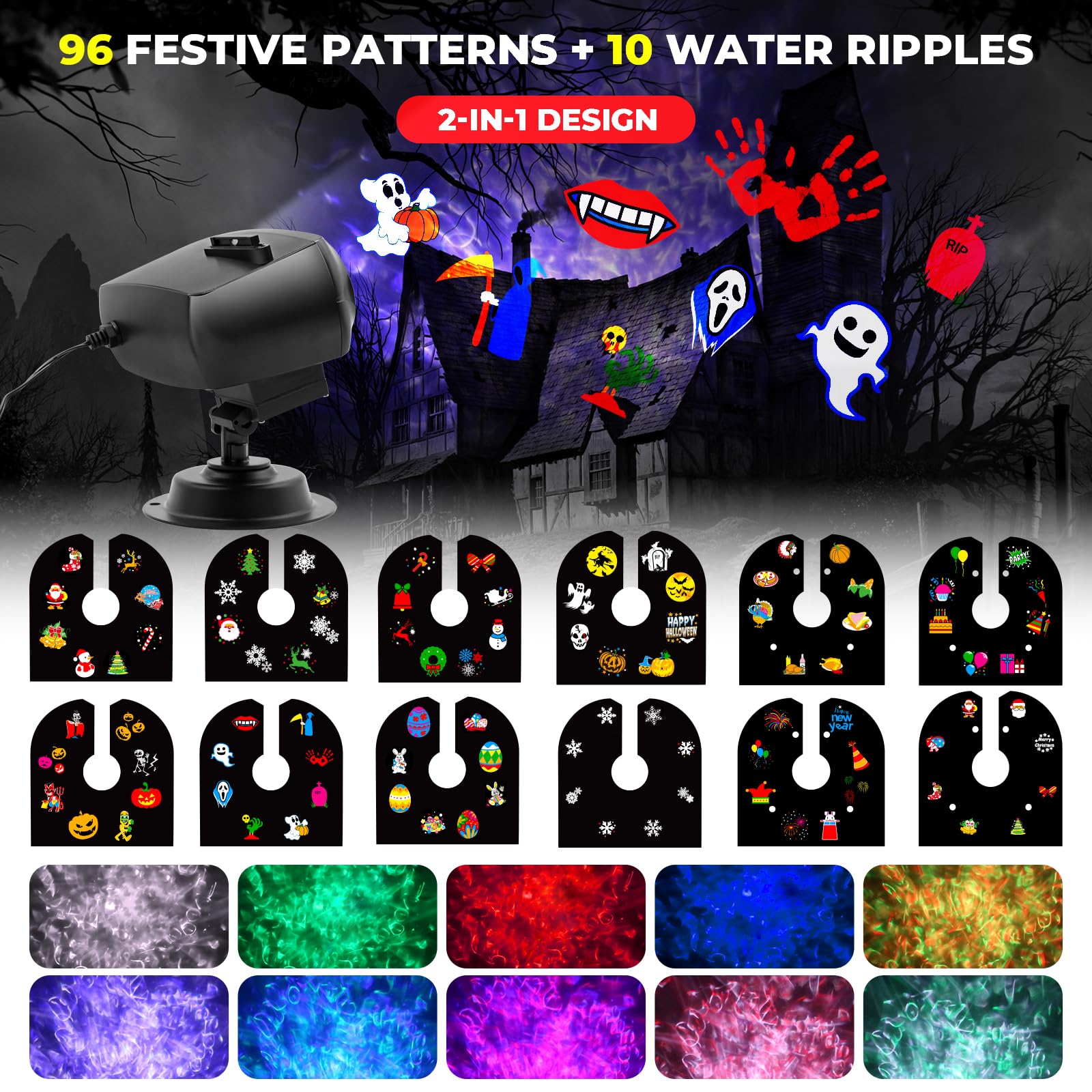 Proiettore LED Halloween, Natale esterno interno, illuminazione impermeabile del proiettore IP67, 15 W luminoso HD Ocean Wave Effect, 12 diapositive 96 nessuna dissolvenza immagini luce per decorazion