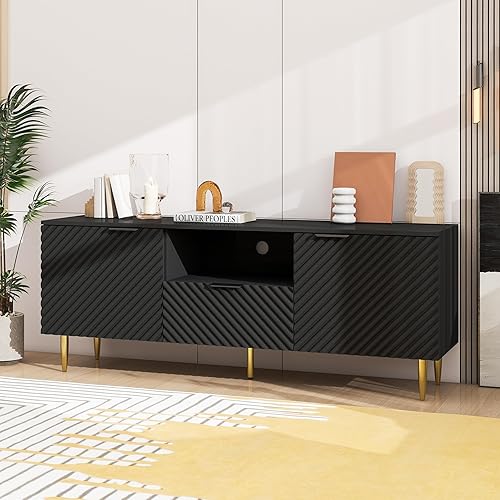 LUMISOL Moderno soporte de TV para TV de 55, 60 y 65 pulgadas, centro de entretenimiento con cajón, puertas y estantes abiertos, consola de TV de