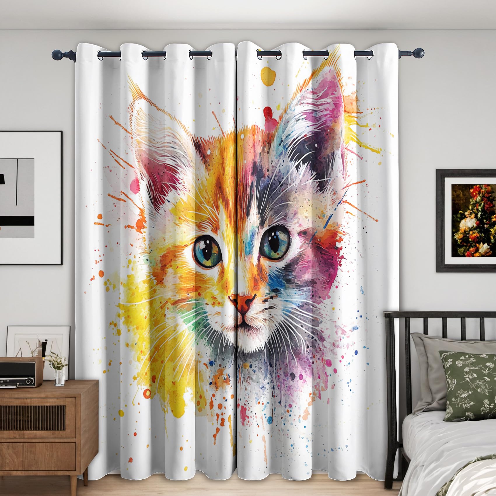 Watercolor Cat Curtains Blackout, 46x90 Inch 2 Panels - Colorful Cats Pattern Black Out Curtains, Home Decor, 90 Drop Eyelet Window Drapes for Bedroom, Living Room MS&156