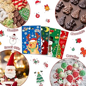50 Pcs Christmas Gift Bags - Xmas Tote Bags with Handles, Merry Christmaa Santa Claus Plastic Treat Goodie Goody Candy Bags Bulk for Shopping Retail Winter Xmas Holiday Christmass Party Favors