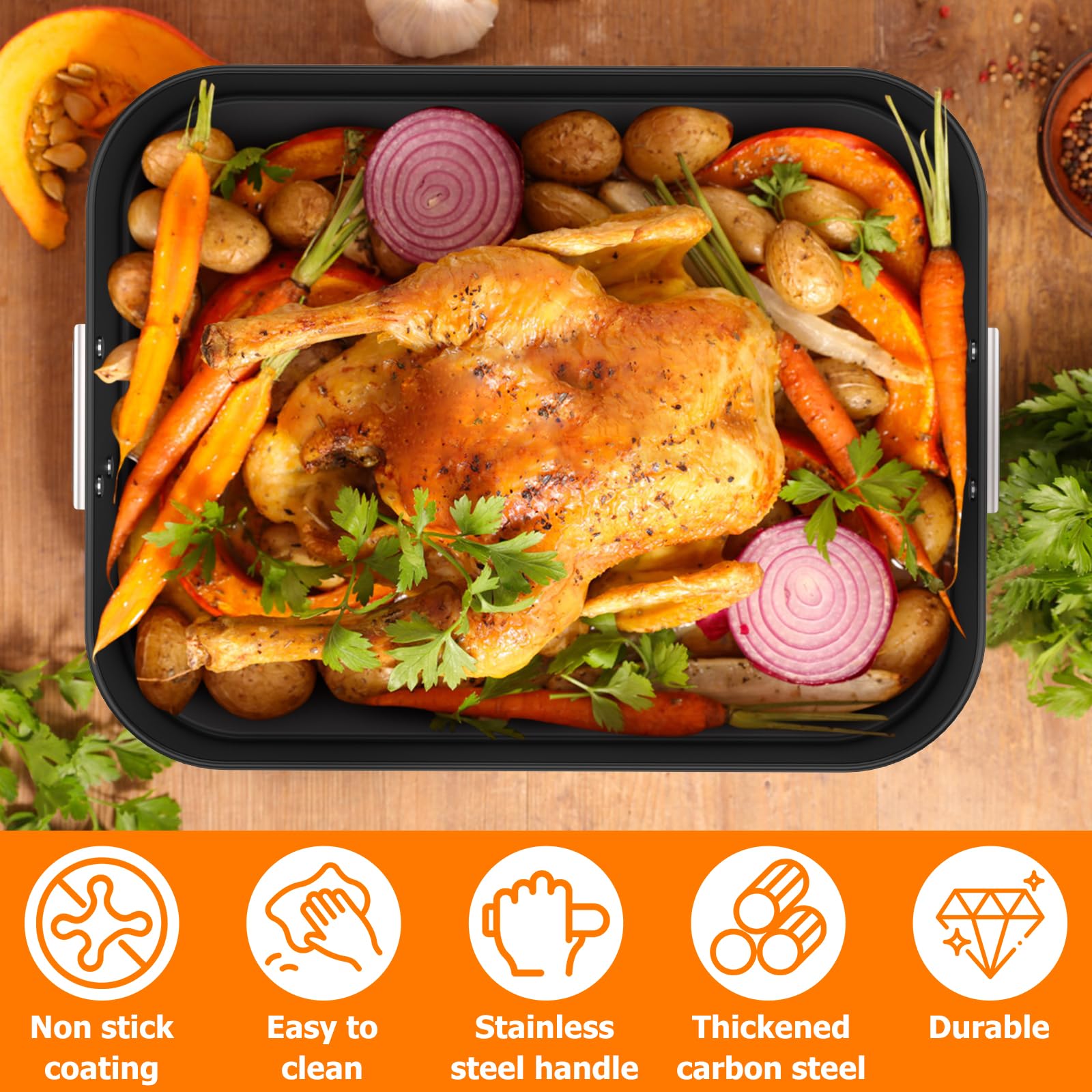 Lasagna Pan Nonstick Baking Pan for Oven 16 x 11.6 x 3.15inch Rectangle Baking Dishes Thickened Carbon Steel Cake Pans with Stainless Steel Handles Roasting Pan Dishwasher Safe Bakeware for Baking