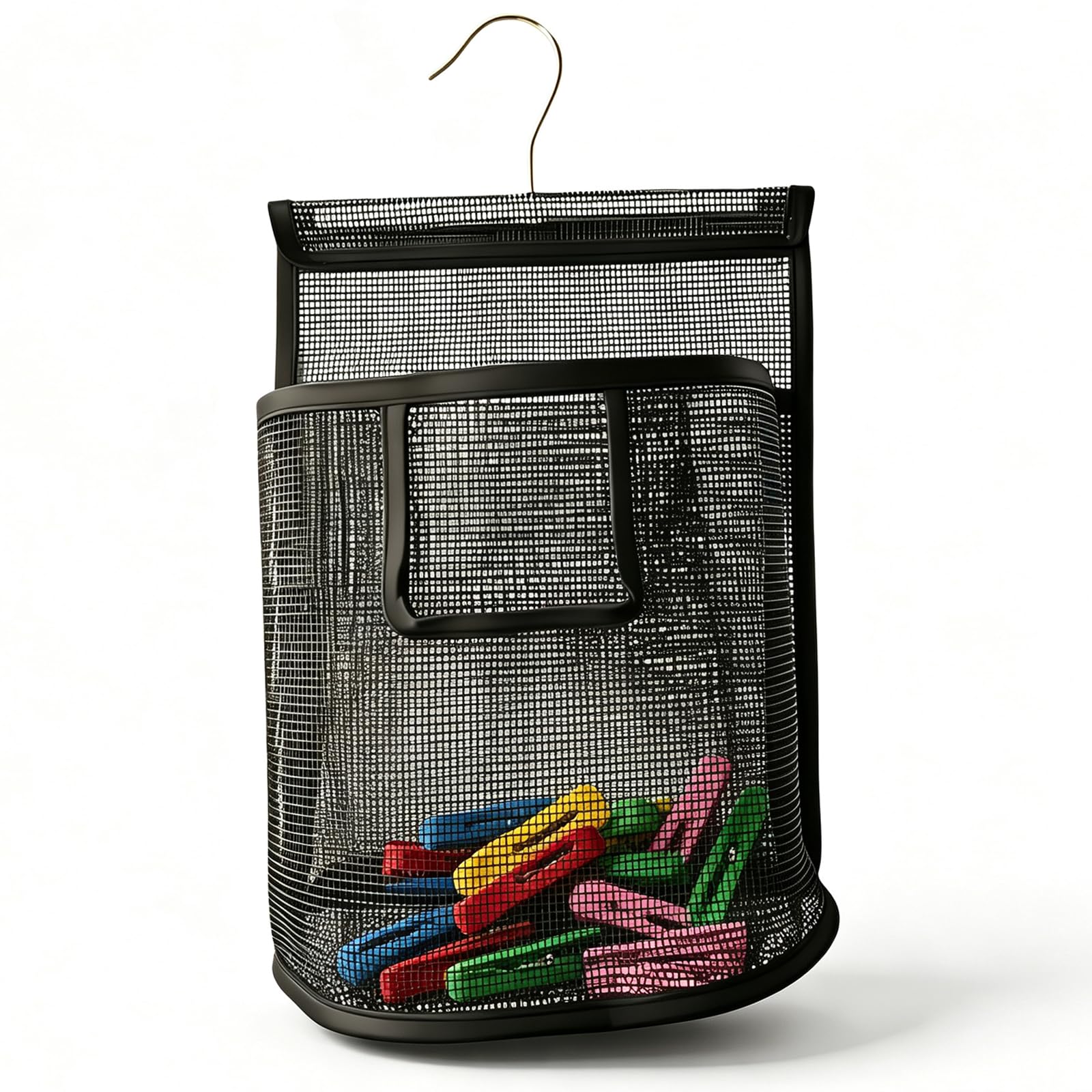 Peg Bag for Washing Line with S Hook, Mesh Clothes Peg Storage Bag Black