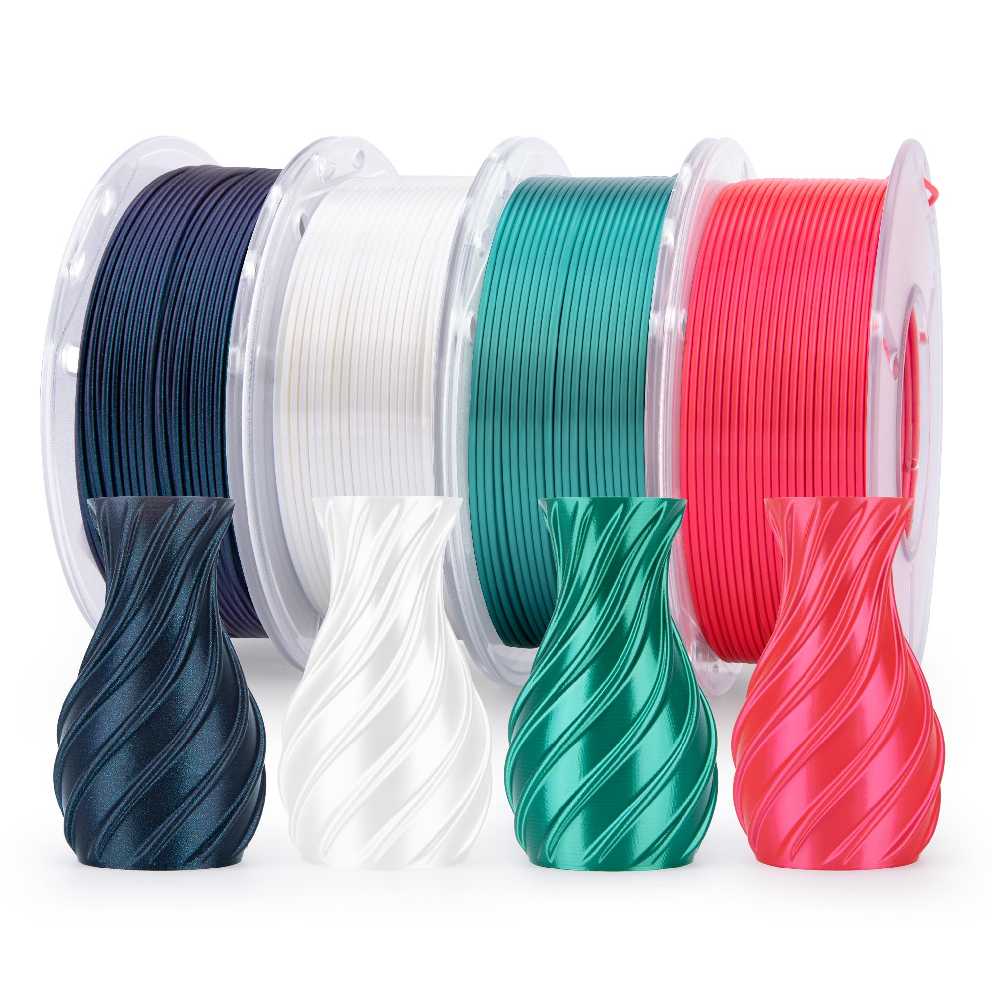 ELEGOO Filamento Seta PLA 1,75 mm Multicolore 4×250 g, Silk PLA Filamento per Stampante 3D Precisione dimensionale +/- 0,02 mm, Set da 4 bobine da 250 g, Verde Agrifoglio/Rosso/Bianco/Nero Galassia