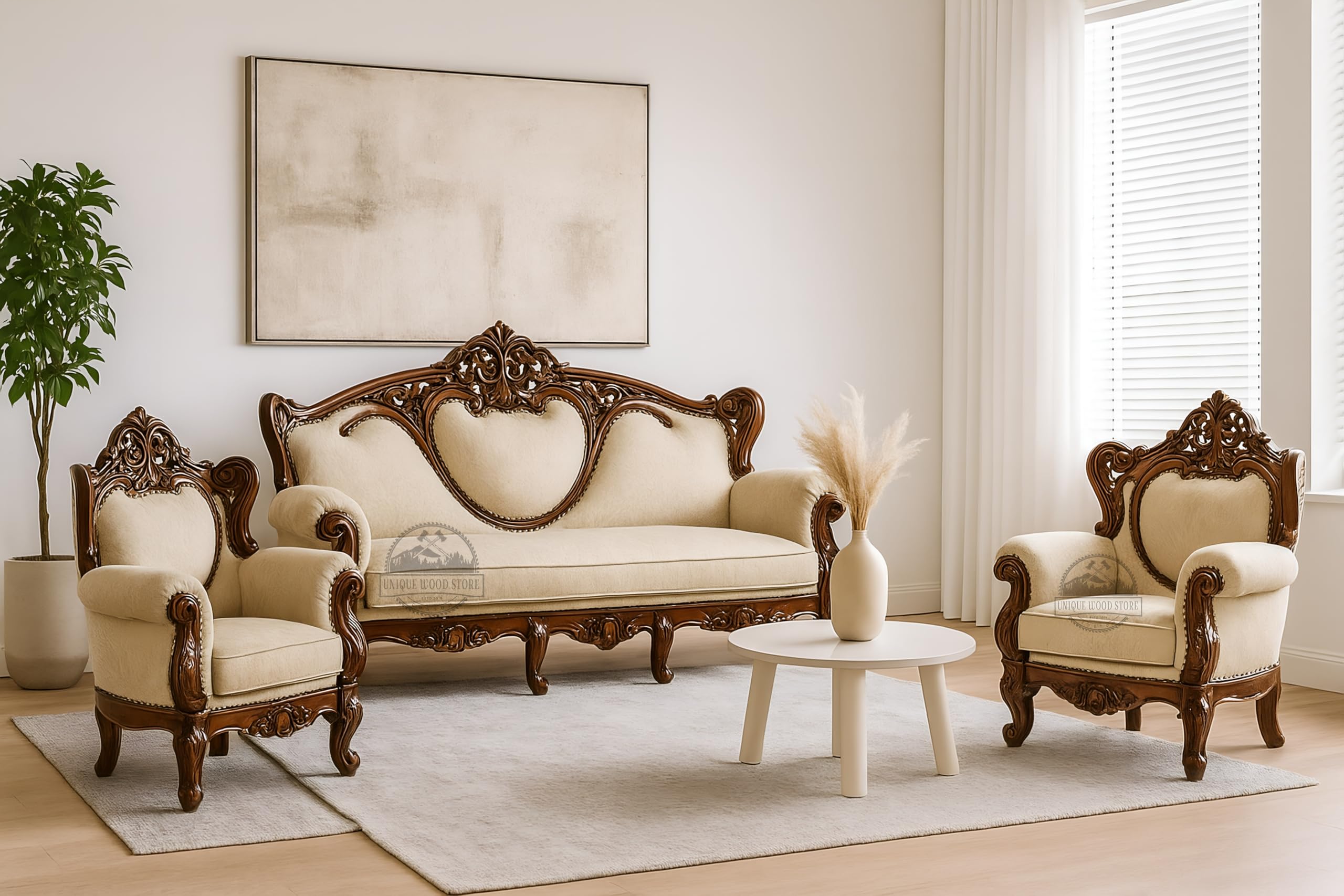 UNIQUE WOOD ART Victorian Style Teak Wood Sofa Set 3-Piece with Luxury Hand-Carved Wooden Sofa Set – 3 Seater Couch + 2 Armchairs | Antique Set with Premium Cream Upholstery for Living Room-image-40