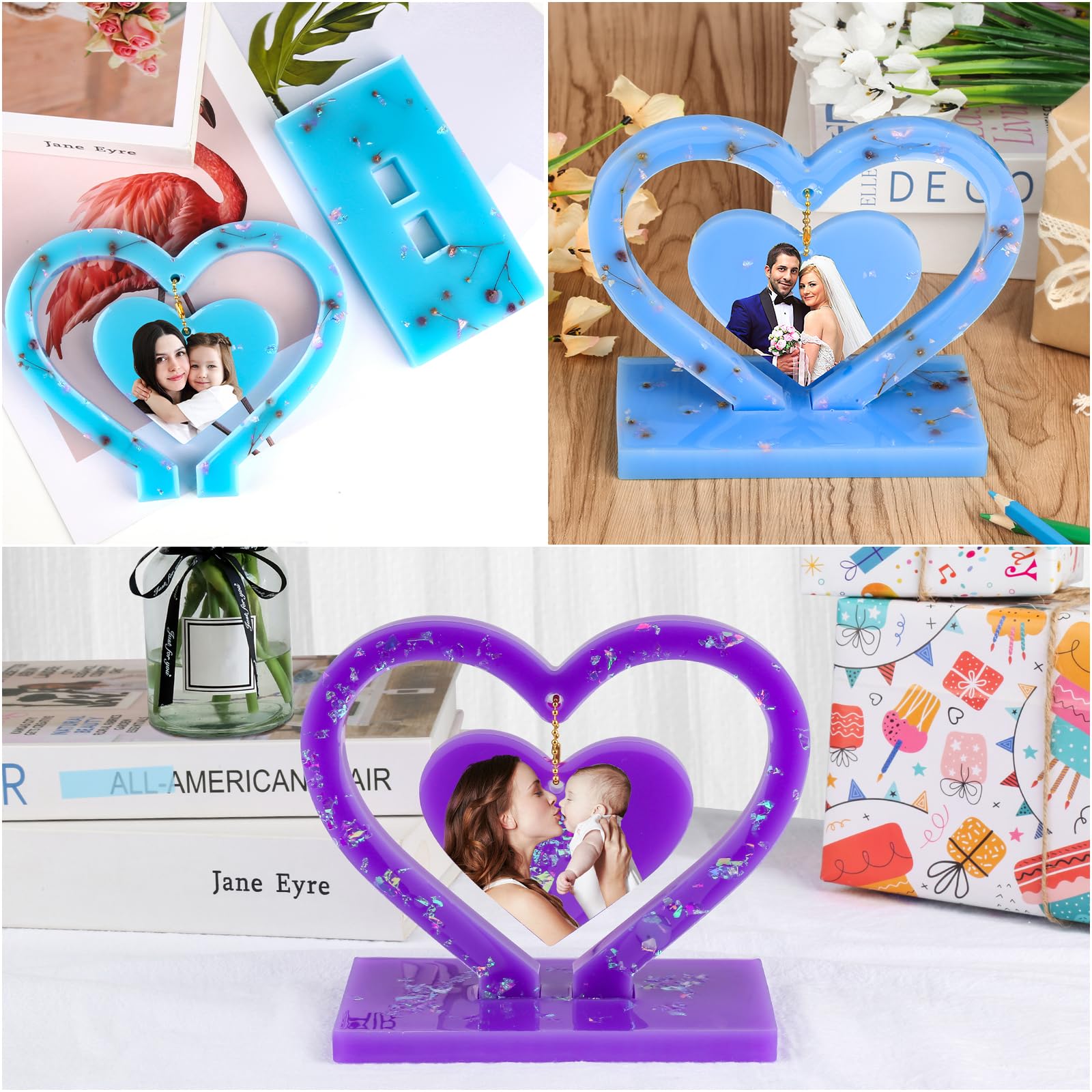 Rickwayy Epoxyhars vormen, hart siliconen vorm, hart fotolijst, siliconen vorm, hartvorm, ornamenten, gietvorm, hars siliconen vorm met kleine hartvormige hanger, voor knutselen, huisdecoratie