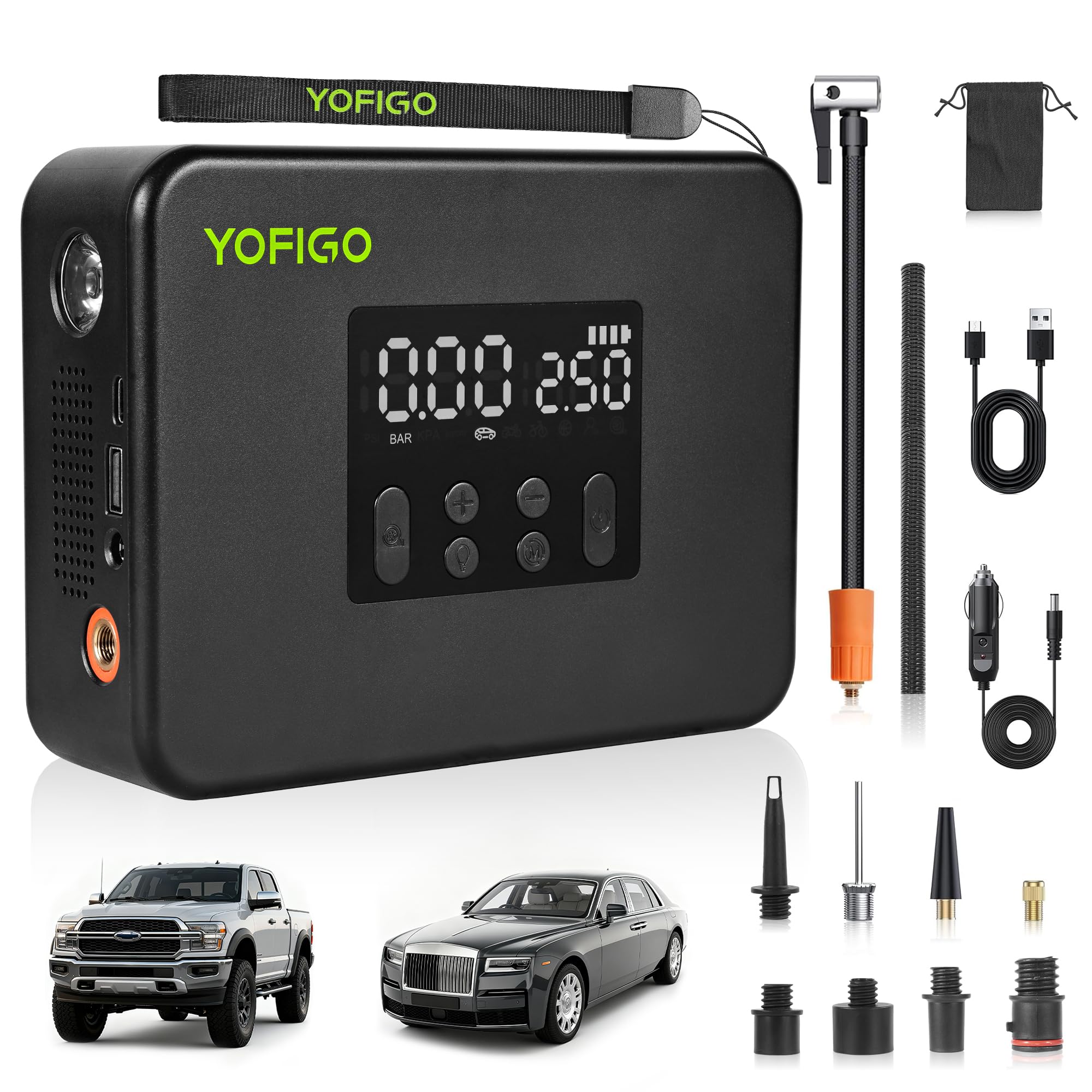 YOFIGO Tire Inflator Portable Air Compressor,160PSI Dual Power Electric Air Pump for Tire, Air Inflator in Auto Shut-Off, Digital Pressure Gauge
