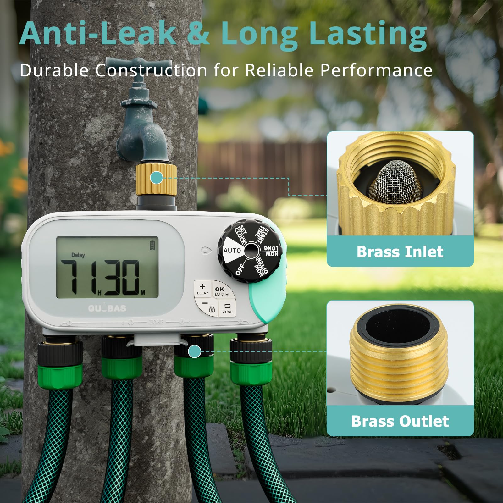 QUOBAS Timer per irrigazione a goccia, per tubo da giardino, programmabile, in ottone, digitale, 4 zone, per irrigazione a goccia, piscina, con ritardo della pioggia/auto/manuale, schermo impermeabile