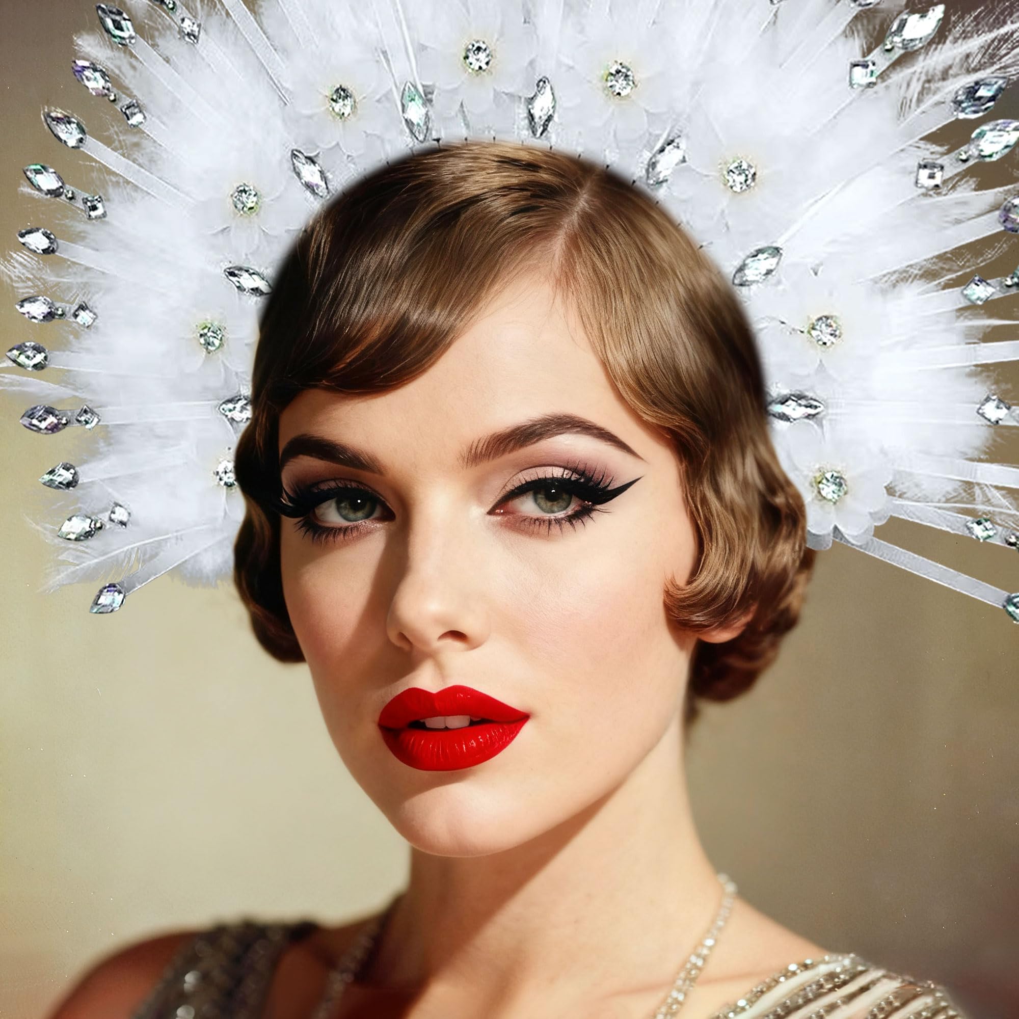 JeVenis White Feather Headpiece 1920s Carnival Accessories Headdress Mardi Gras Rave Festival for Women Flapper Costume Supplies