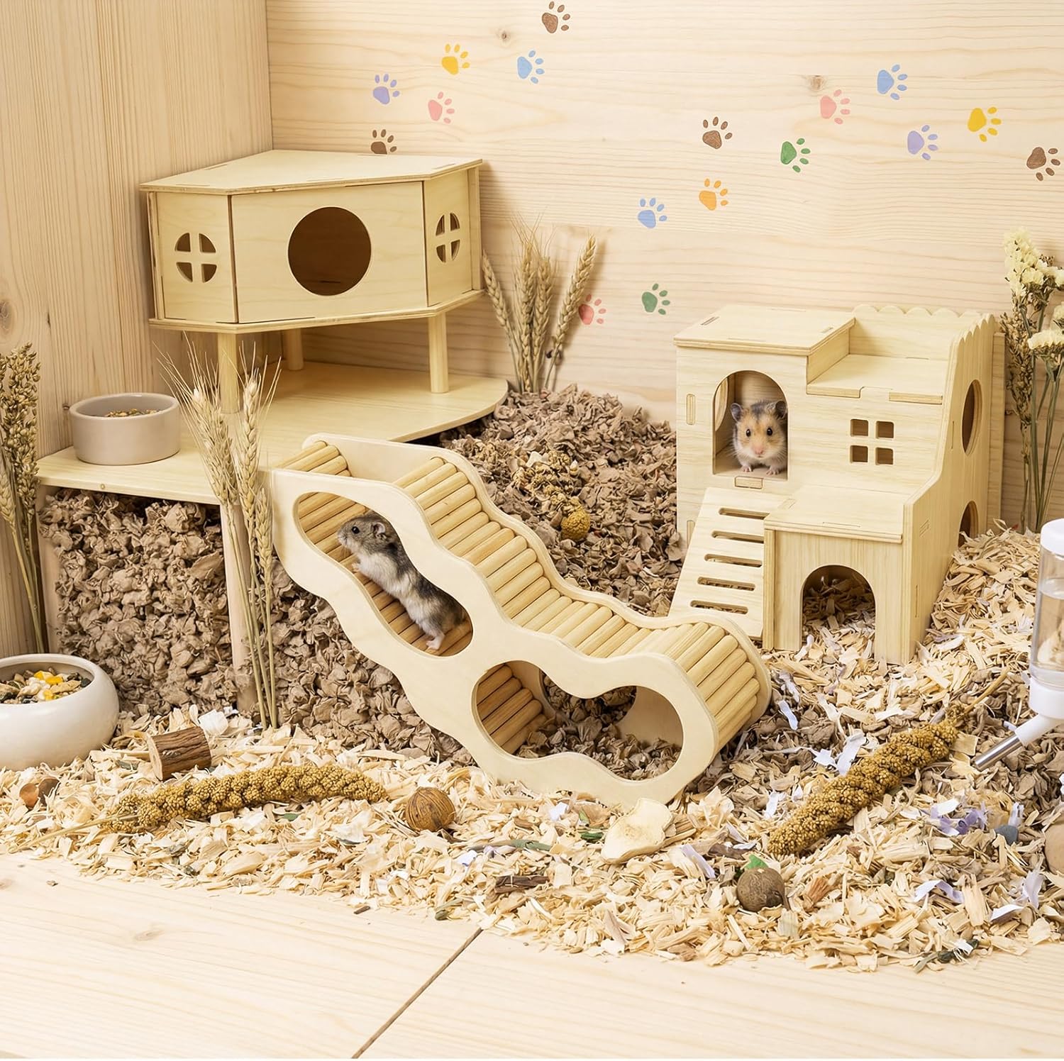 BreezeHug 4 Pcs Hamster Platform Hideout Wooden Tunnel Ladder Playhouse Hamster Game Climbing Toy with Platform Cage Accessories for Small Pets Dwarf Syrian Mice Degus Gerbils Squirrel(Spy Villa)