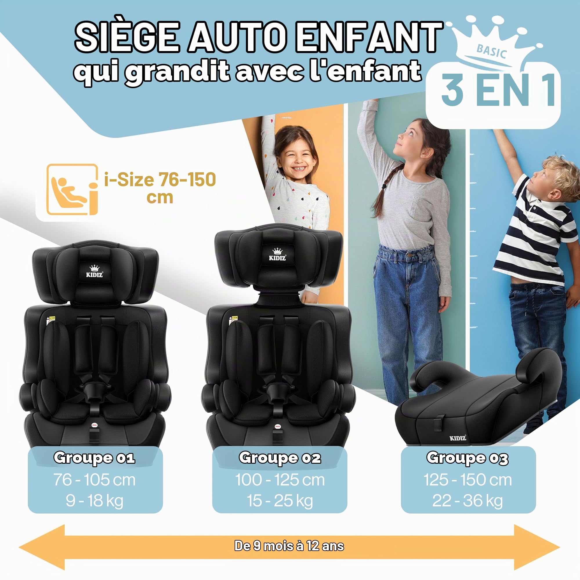 KIDIZ® i-Size R129 Siège auto pour enfant de 100 à 150 cm jusqu'à 12 ans, groupe 1/2/3 sans Isofix, siège enfant qui grandit avec le corps, ceinture à 5 points et appui-tête réglable en hauteur, noir