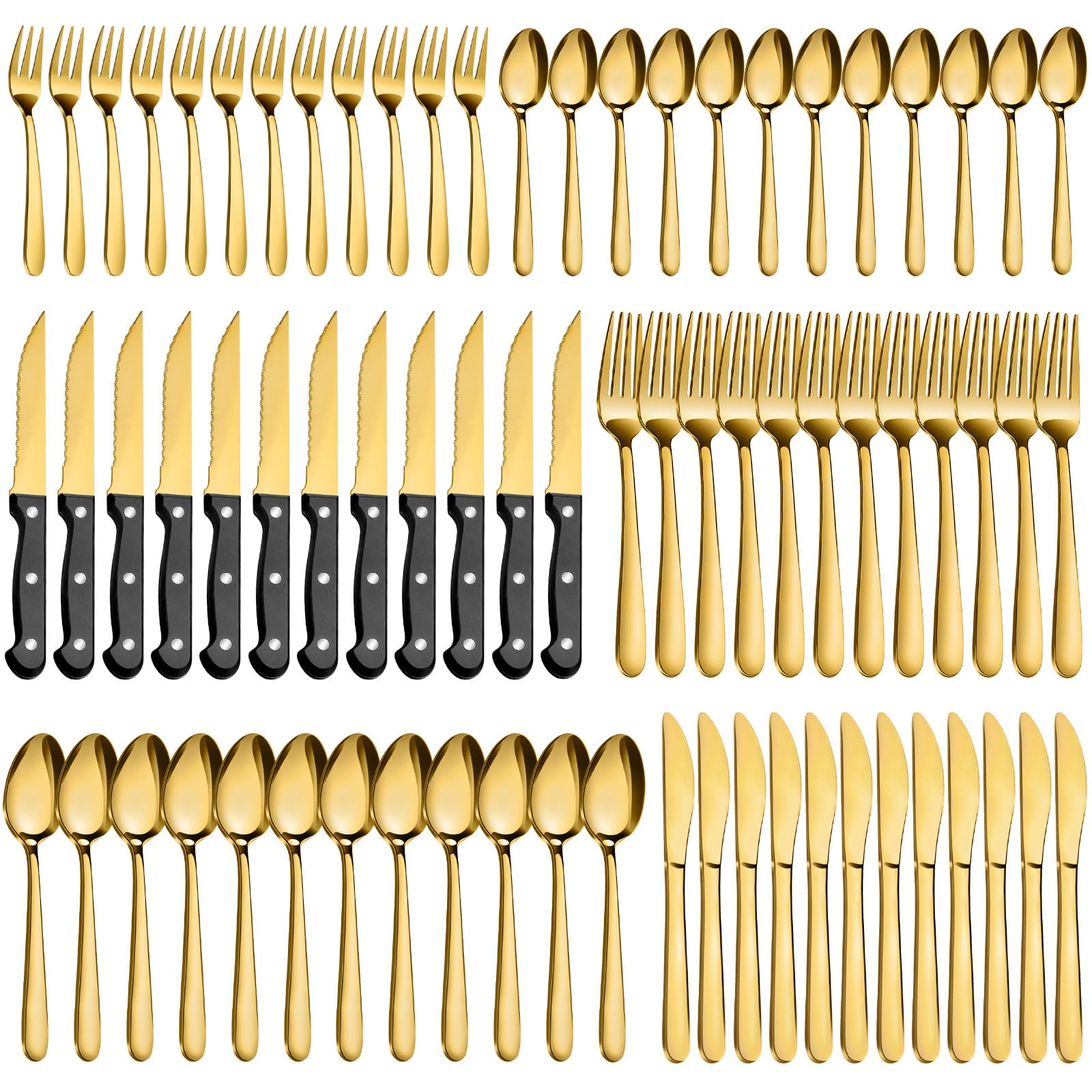 Pleafind Couverts de Table 12 personnes, 72 Pièces Couvert Dorés, Set de couverts en acier inoxydable avec couteau à steak, compris fourchettes, cuillères, couteaux, résistant au lave-vaisselle