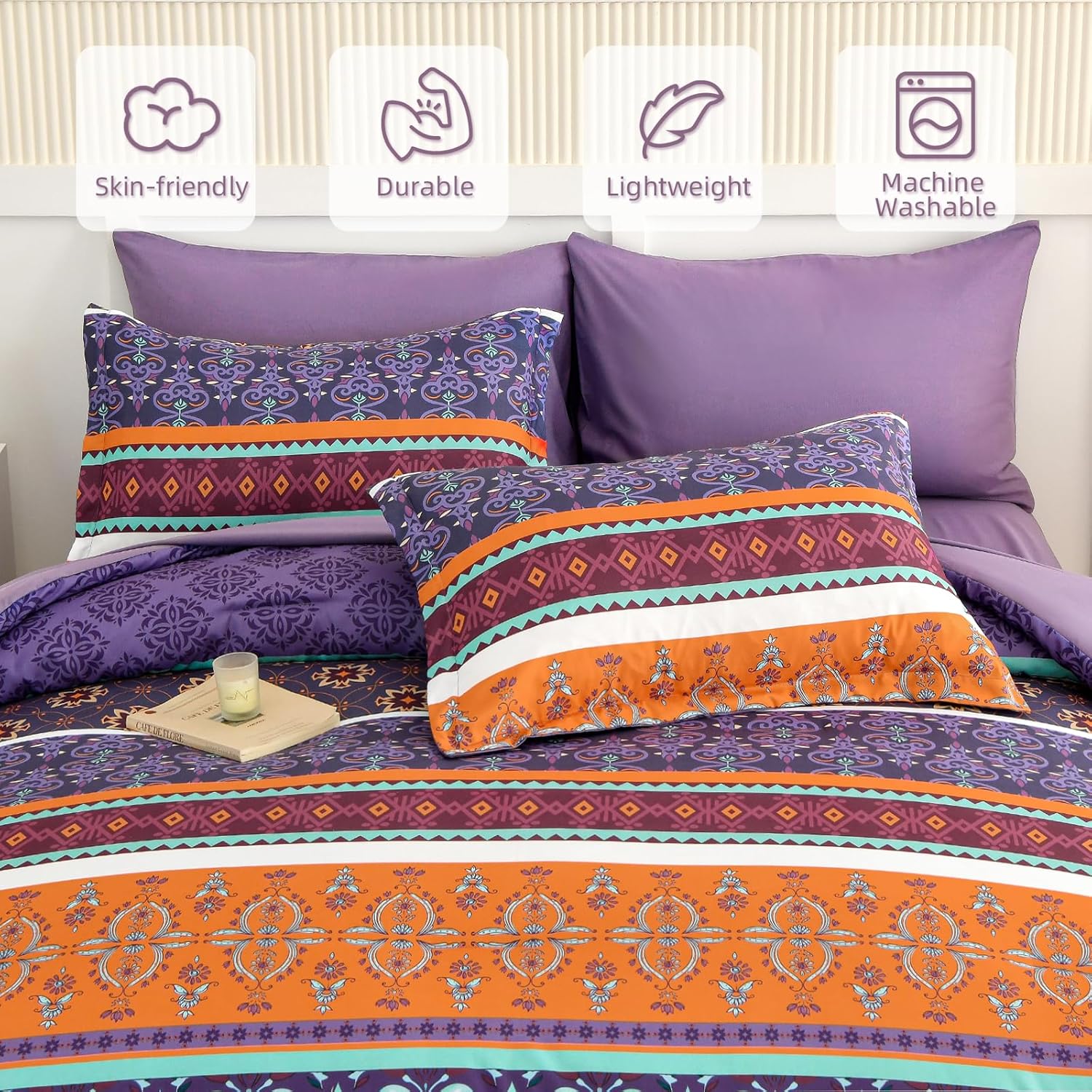 WONGS BEDDING Boho Comforter Set Queen Size,7 Pieces Bohemian Comforter Bedding Set Bed in a Bag,Purple Paisley Floral Comfortet and Sheet Set,Soft Microfiber Striped Bedding Sets for All Season - Image 9