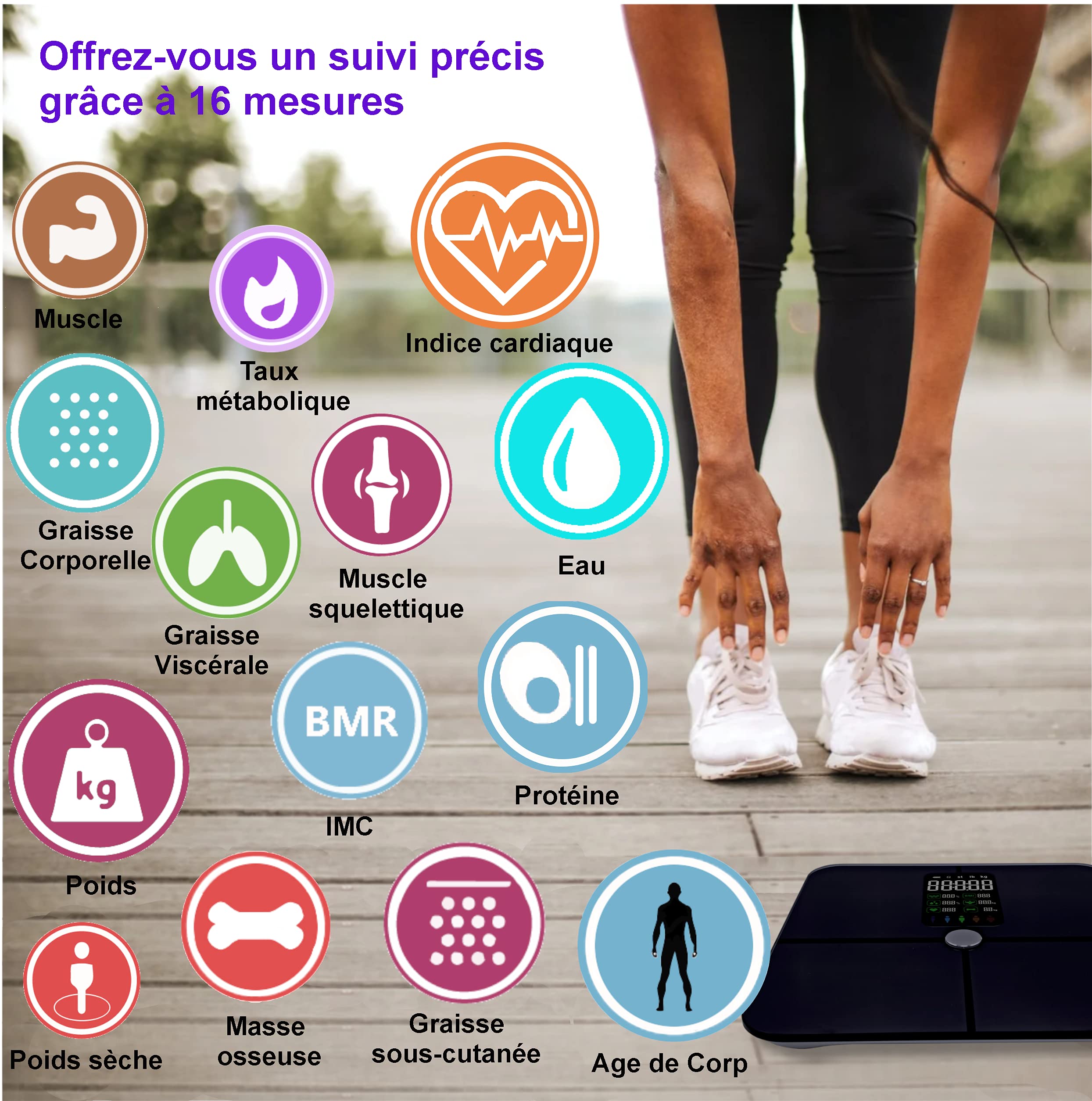 Bilancia connessa, pesa persona impedenzimetro con un grande display LCD integrato, connessione bluetooth, analisi del peso grazie a 15 dati, BMI, battito cardiaco, grasso corporeo, ... batterie