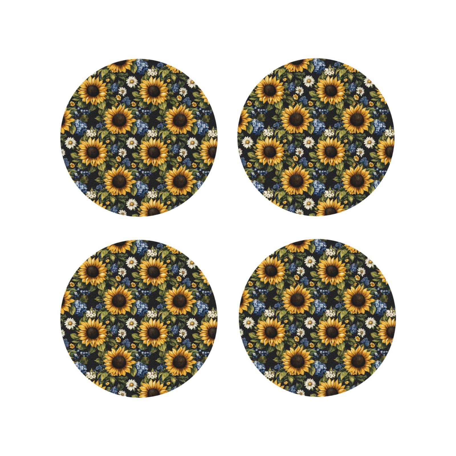 Leather Coasters Set of 4 - Classic Daisy Sunflower Print Lightweight Drink Coasters for Desk