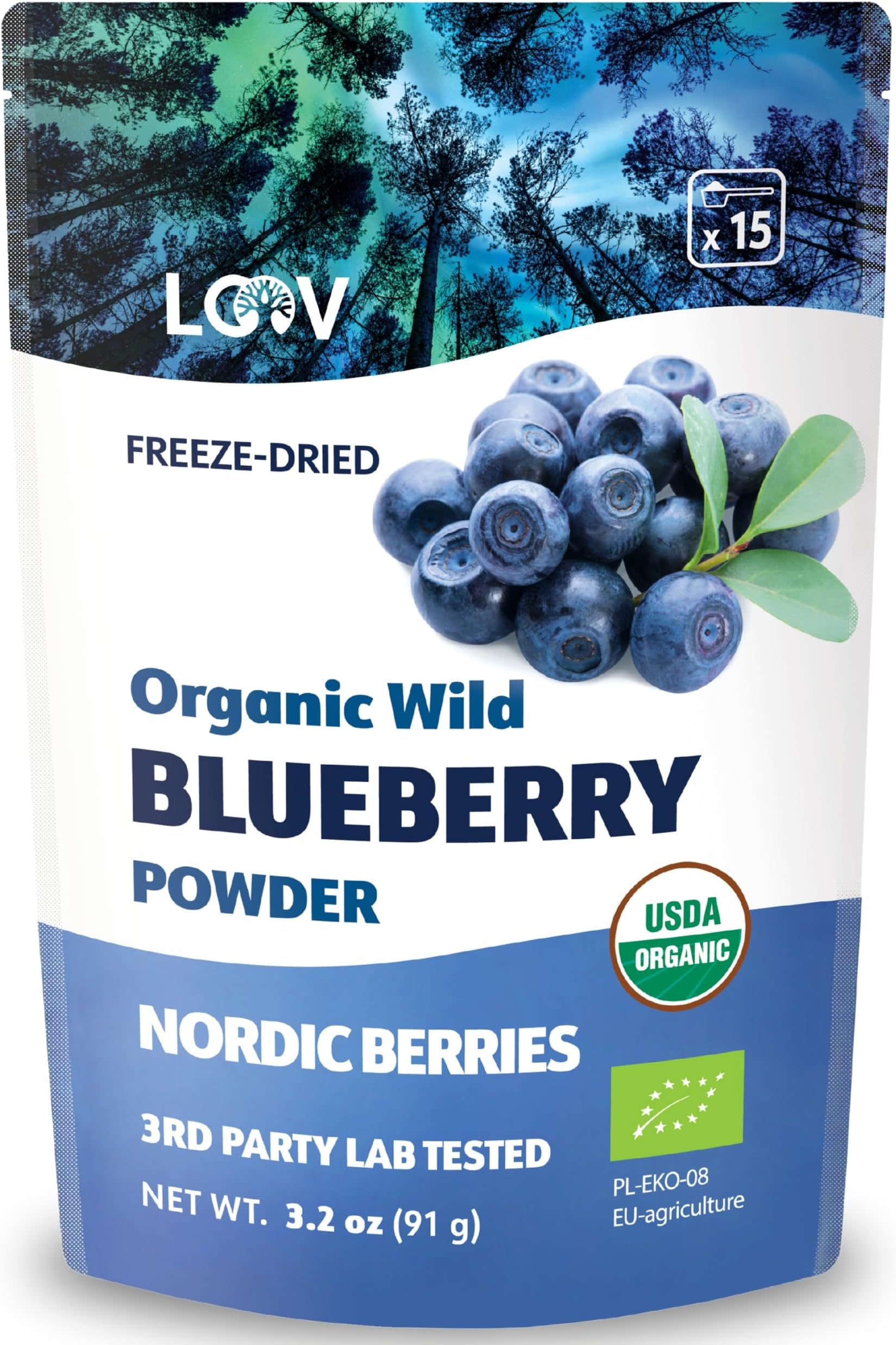 Wild Blueberry Powder Organic, Wild-Crafted from Nordic Forests, 100% Whole Fruit Bilberry, 15-Day Supply, 91 g, Freeze-Dried and Powdered Blueberries, No Added Sugar