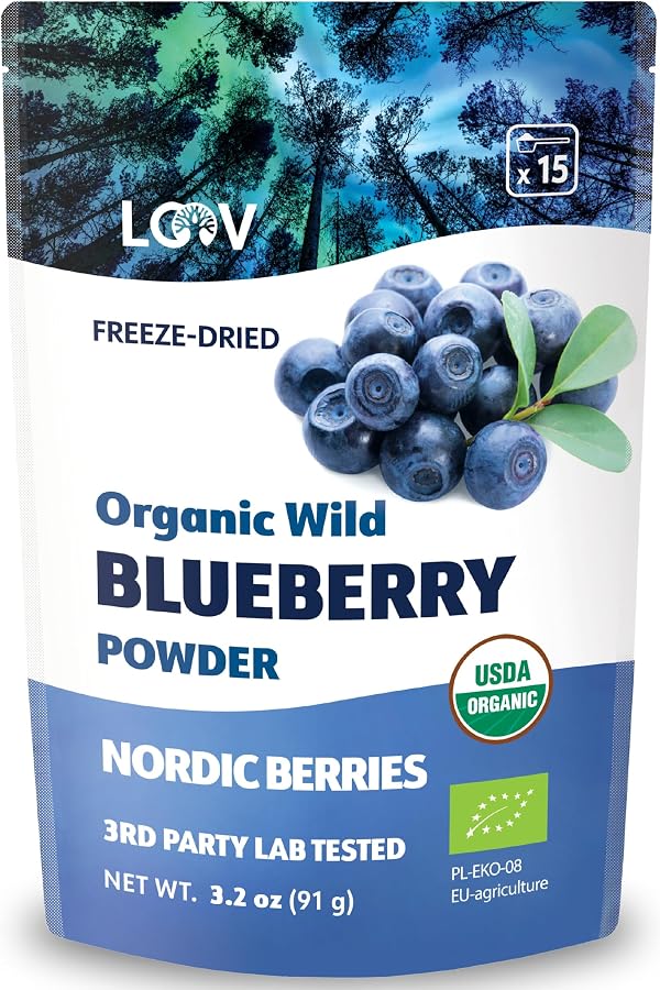 Poudre de myrtille sauvage bio LOOV, issue des forêts nordiques, 100% fruit entier (myrtille), lyophilisée et réduite en poudre, sans sucre ajouté, 91 g (15 jours)