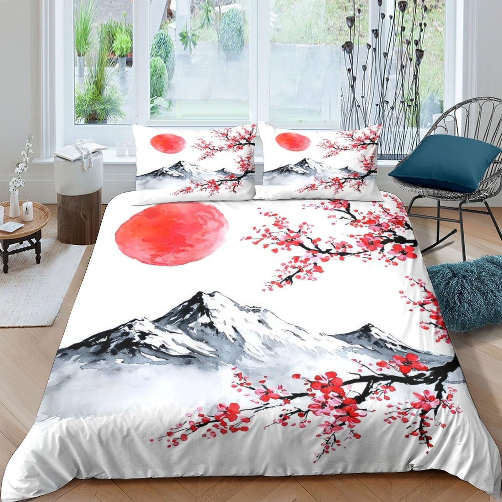 Ctjqhvkz Style-2 3D Printed Japanese Red Sun Fitted Sheet Microfiber Mountain Blossom Bed Cover For Bedroom Guest Room Decor Single（135X200cm）