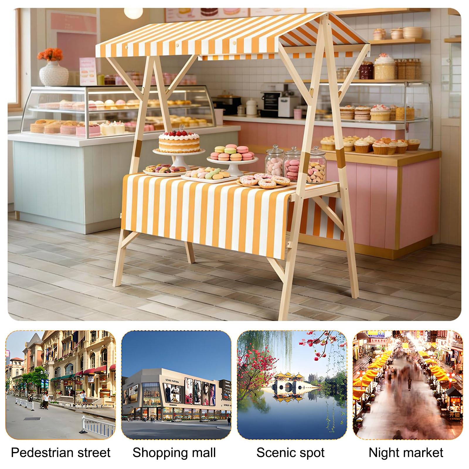 Présentoir de vendeur – Kiosque de vente pliable avec auvent rayé pour magasins de détail et foires – Parfait pour une utilisation en extérieur
