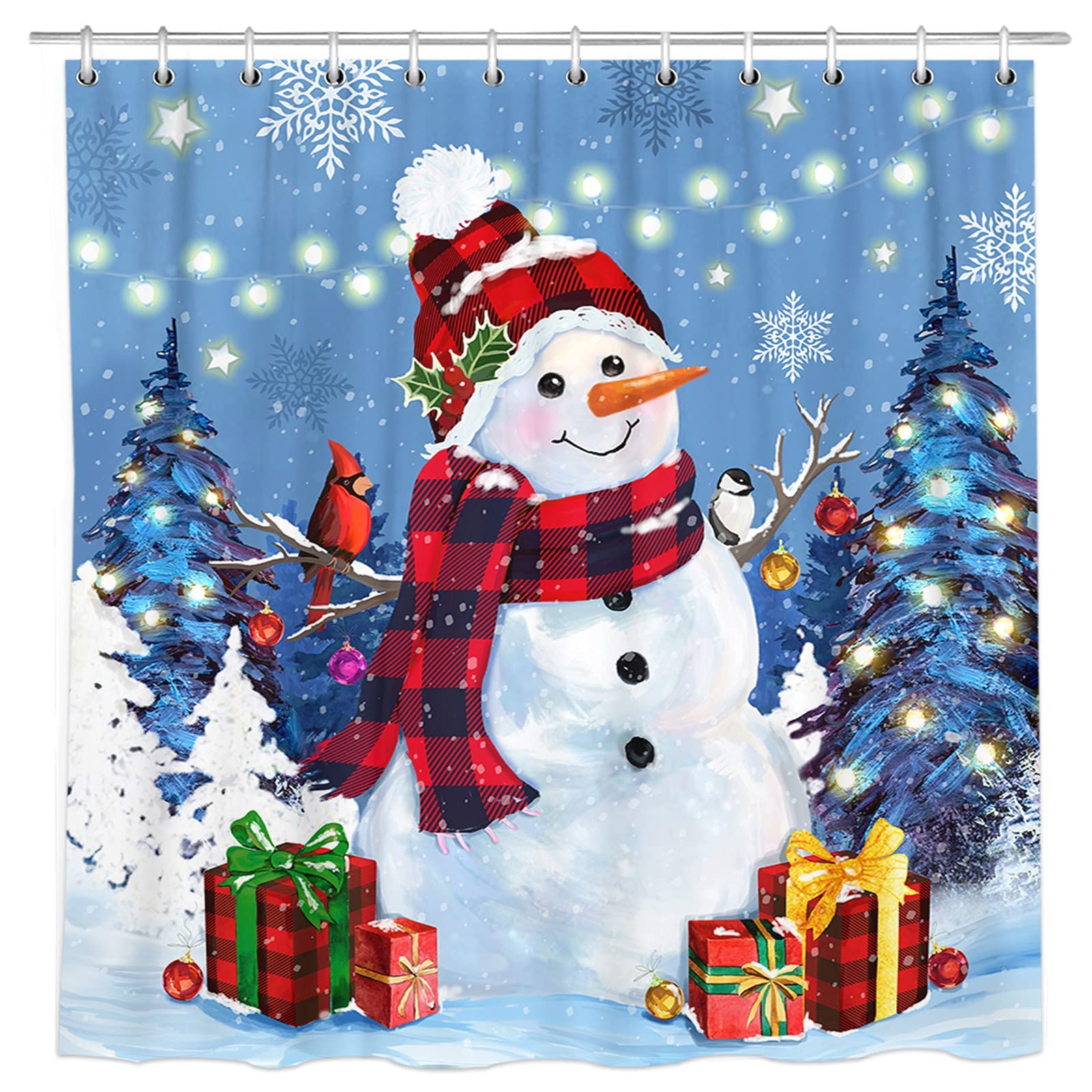 BOARDFEB Christmas Shower Curtain, Red Winter Xmas Tree Snowman Merry Christmas Shower Curtains For Bathroom Decor Washable Durable Fabric Holiday New Year Shower Curtain With Hooks 72x72 Inch