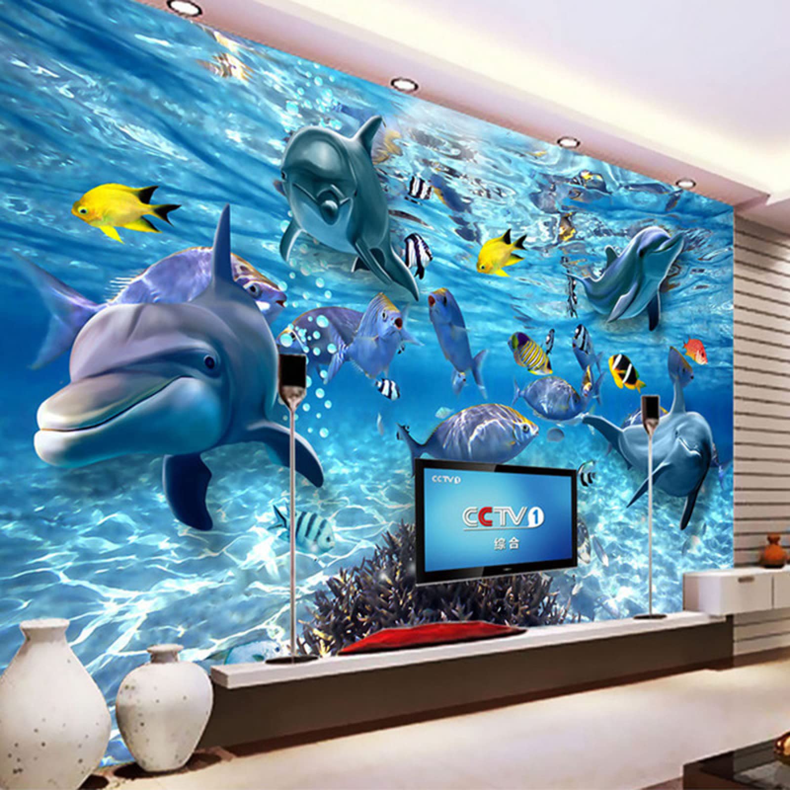 Papier peint sous-marin monde dauphin poisson 3D pvc autocollant mural