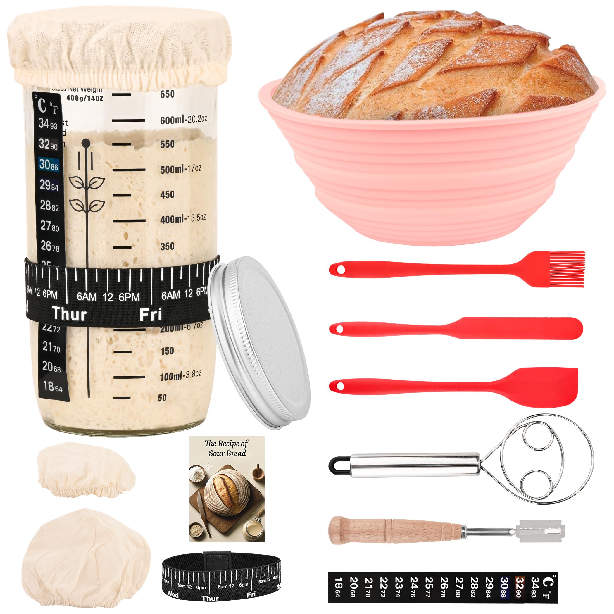Sourdough Starter Jar Kit Sourdough Bread Baking Supplies 650ml Sourdough Starter Jar Glass with Thermometer, Feeding Tracker Band, Cloth Covers, Banneton Bread Proofing Basket and More