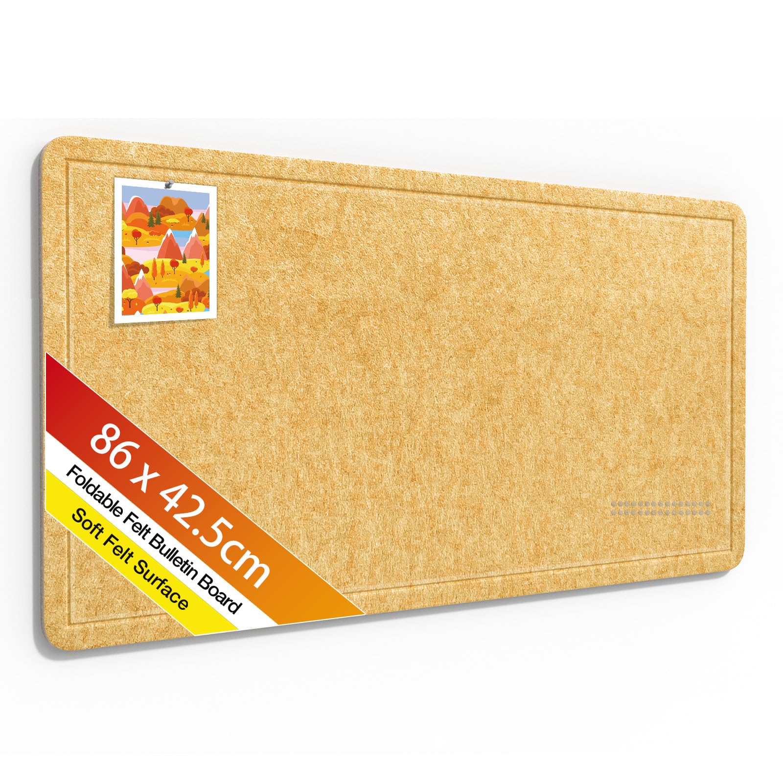 Rdutuok Bulletin Board,86x42.5cm Foldable Decorative Felt Pin Board Photo Display Board with Self-Adhesive Tape, Decorative Cork Alternative for Wall Includes 20 Push Pins,Yellow