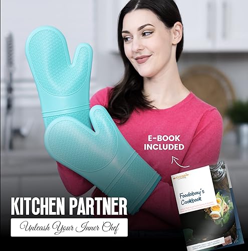 Miniatura 7 de Guantes de horno de silicona resistentes al calor, 500F - 14.5 pulgadas, extra largos, diseño de agarre, guantes de horno de silicona con forro