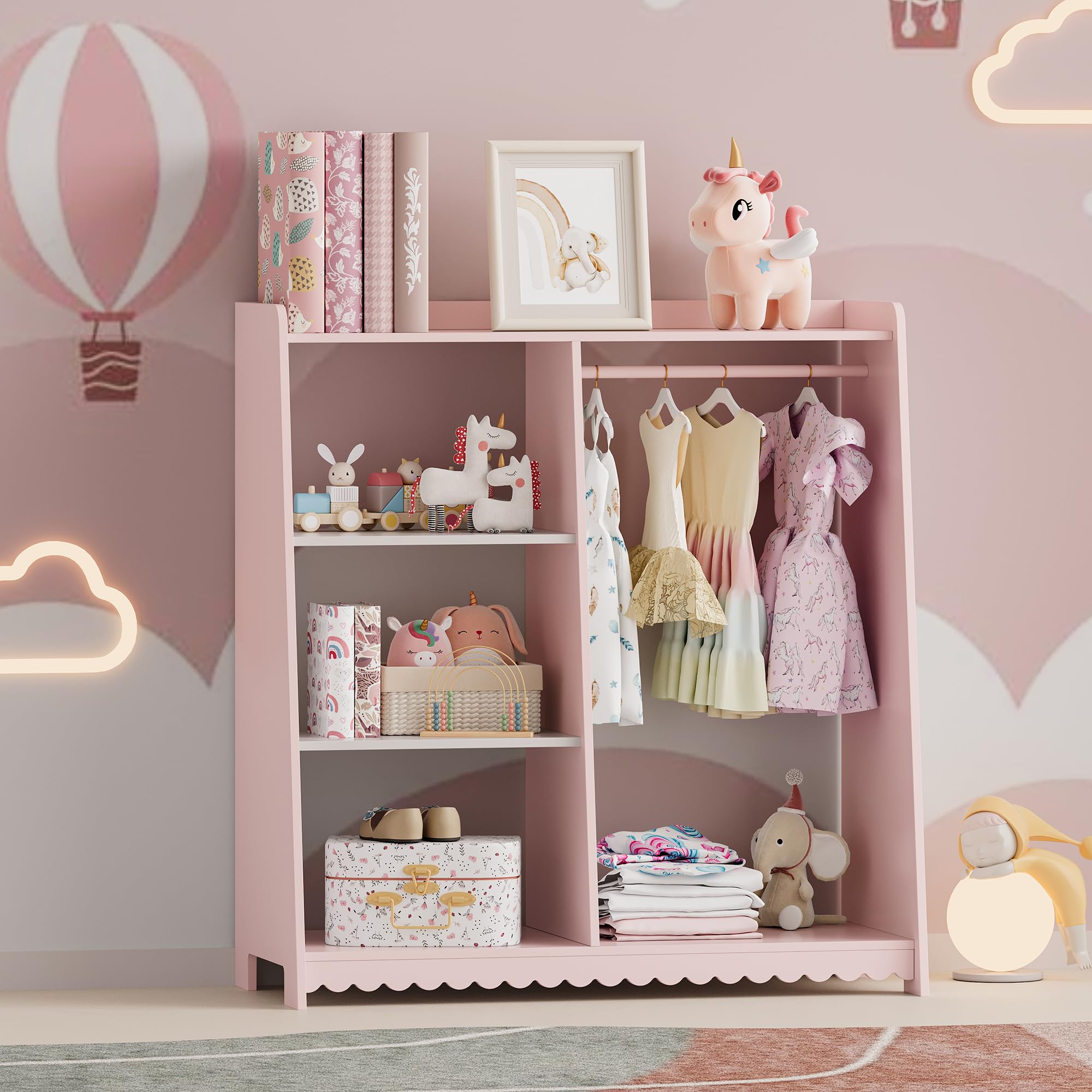 [en.casa] Portant à Vêtements pour Enfants avec Barre de Penderie et Étagères Portemanteau avec Compartiments de Rangement Garde-Robe MDF 90 x 80 x 38 cm Rose Blanc