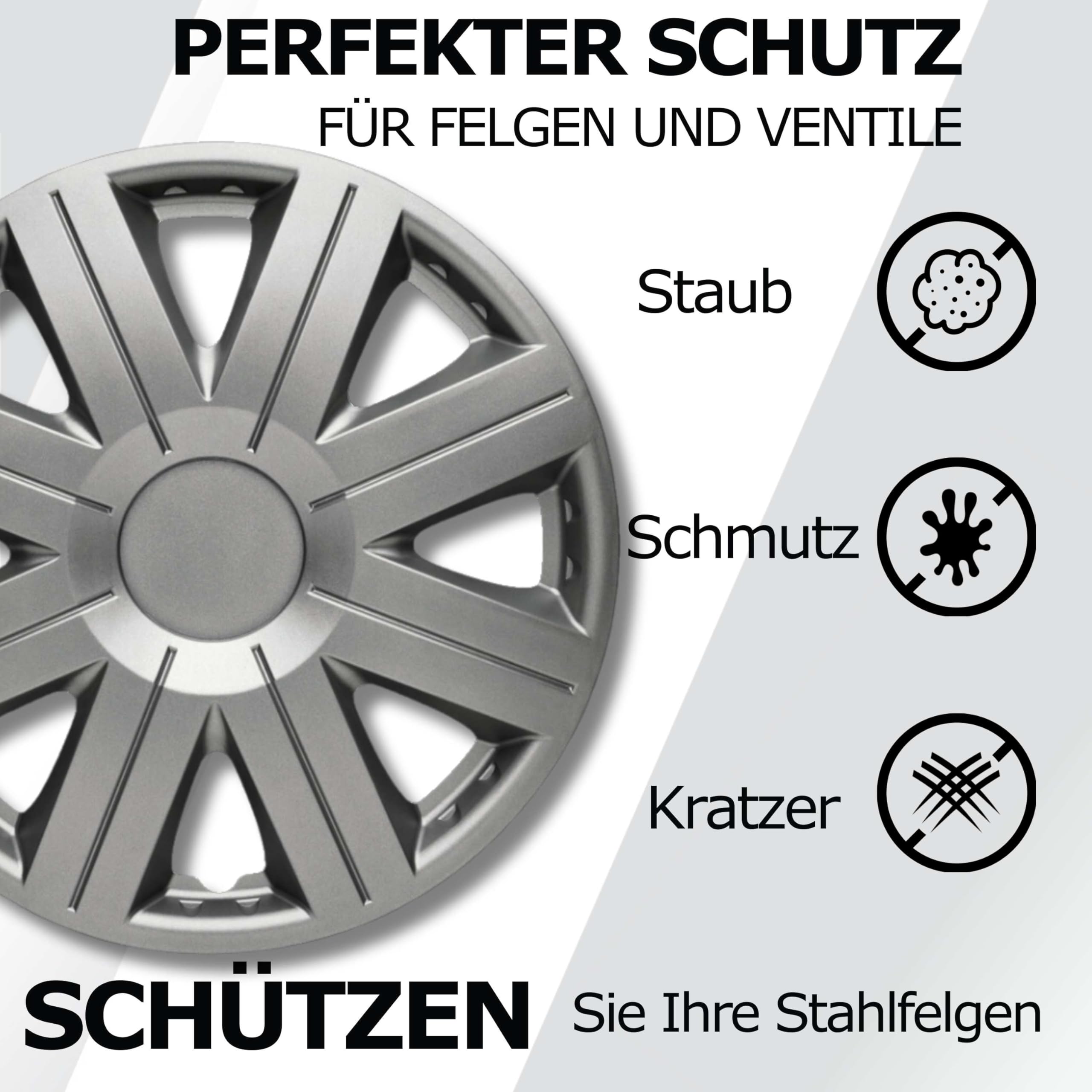 Kuglo Cosimo Radkappen 16 Zoll Silber, 4er-Set für Stahlfelgen | Schlagfester, witterungsbeständiger Kunststoff mit Metallspannring und werkzeugloser Clip-Montage